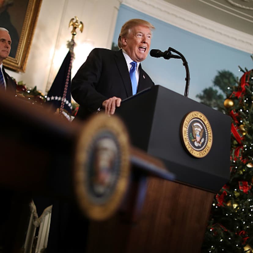 U.S. President Donald Trump announces that the U.S. government will formally recognize Jerusalem as the capital of Israel with Vice President Mike Pence (L) in the Diplomatic Reception Room at the White House December 6, 2017 in Washington, DC.