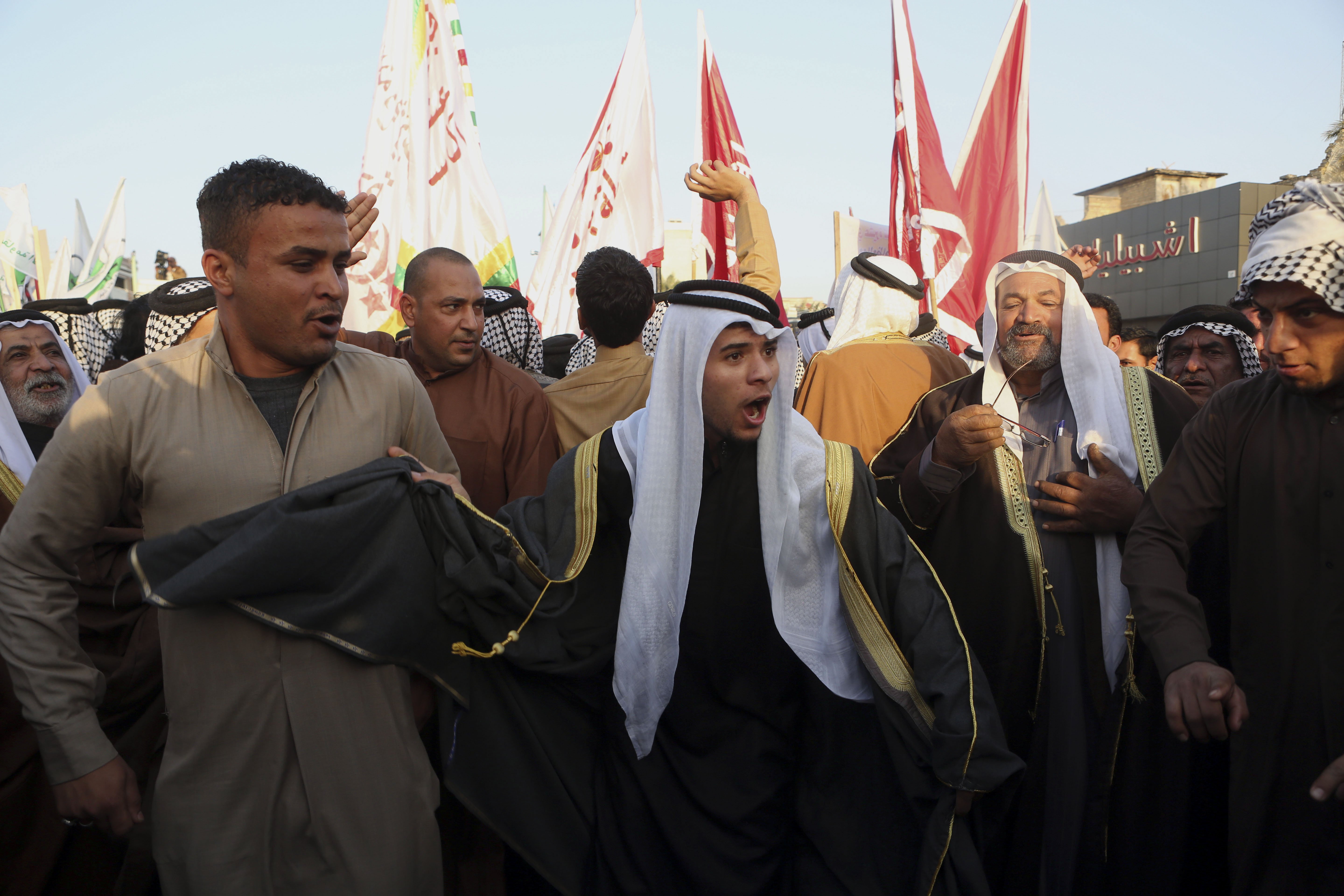 Protesters chant anti-Saudi slogans during a rally to protest the execution of Saudi Shiite Sheik Nimr al-Nimr by Saudi Arabia last week, in Basra, southeast of Baghdad, Iraq on Jan. 6, 2016.