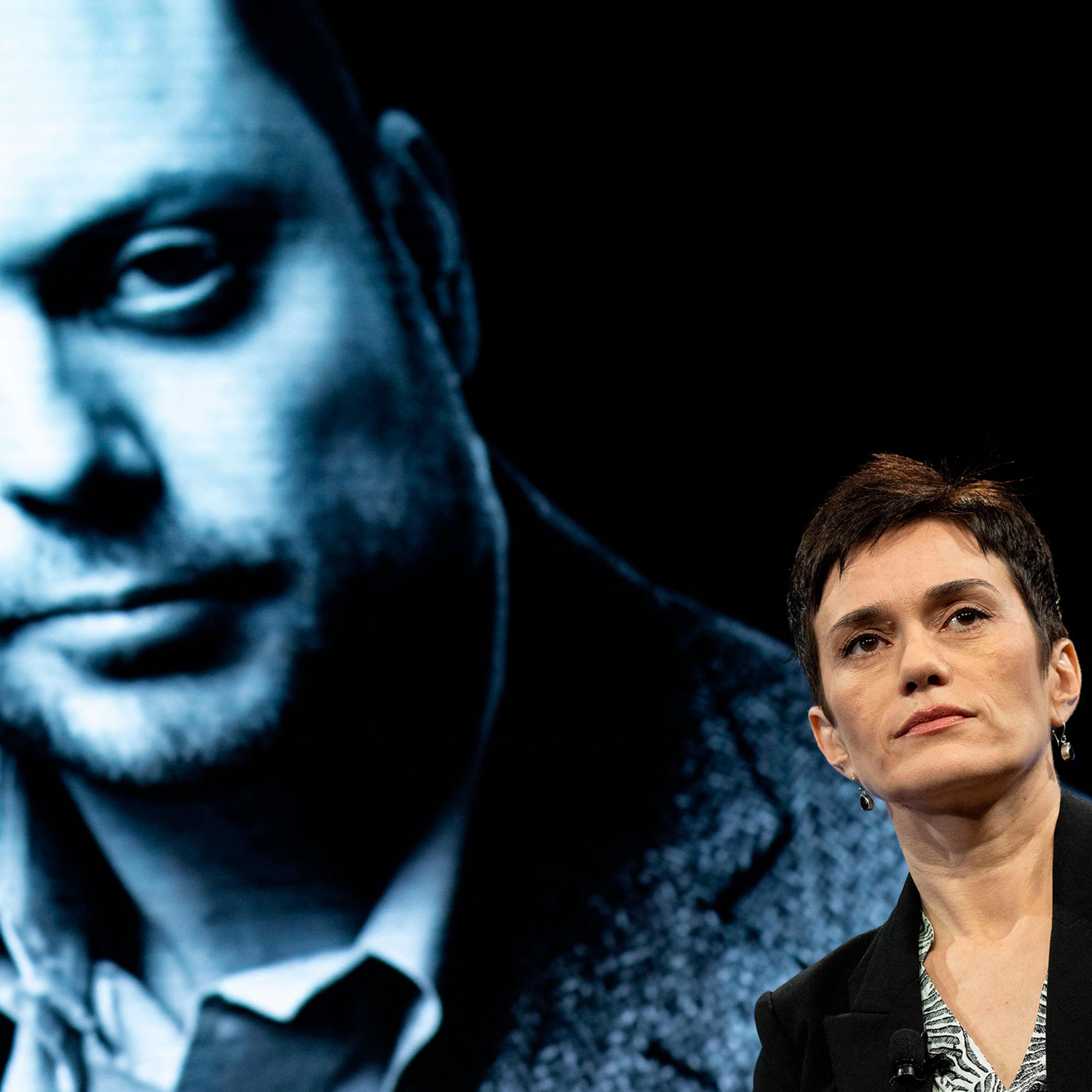 Evgenia Kara-Murza, wife of imprisoned political activist in Russia, Vladimir Kara-Murza, looks on during a discussion at the Washington Post in Washington, on April 17, 2023.