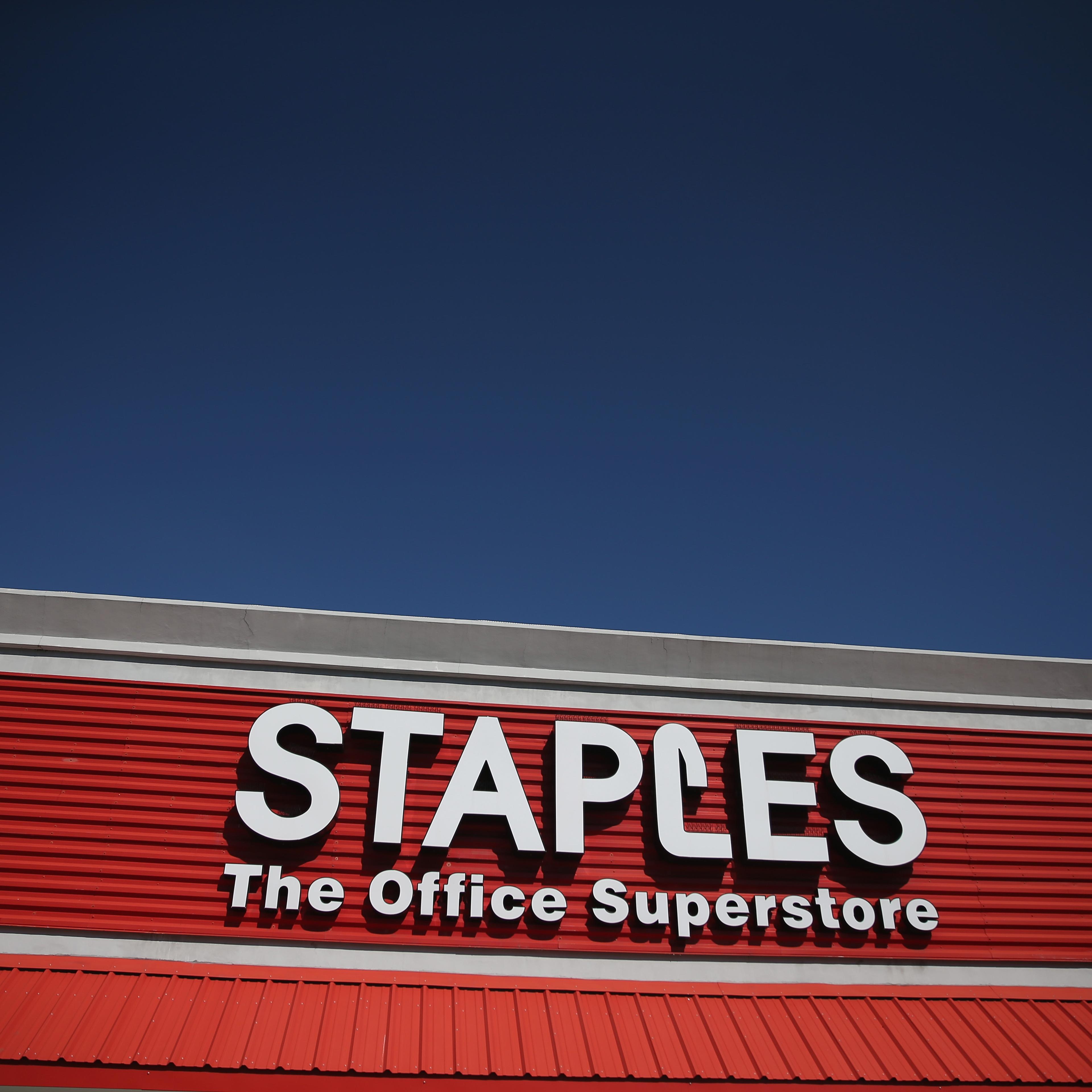 The sign logo for a Staples store is seen on February 3, 2015 in Miami, Florida.