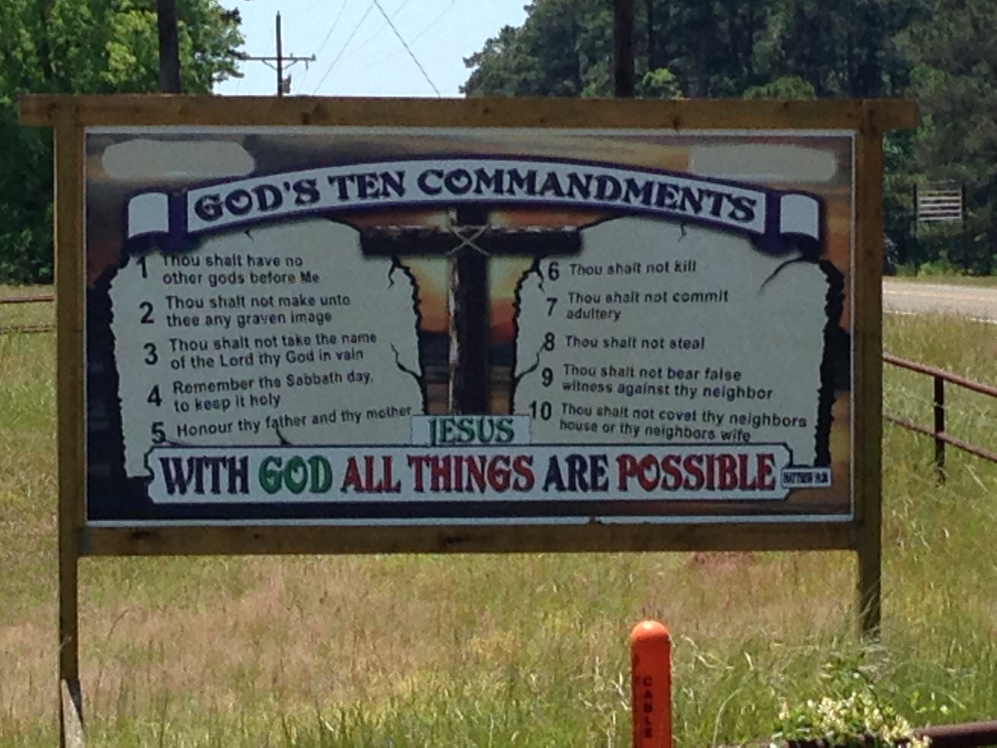 The 10 Commandments sign near Hemphill, Texas, has been deemed illegal by the Texas Department of Transportation.