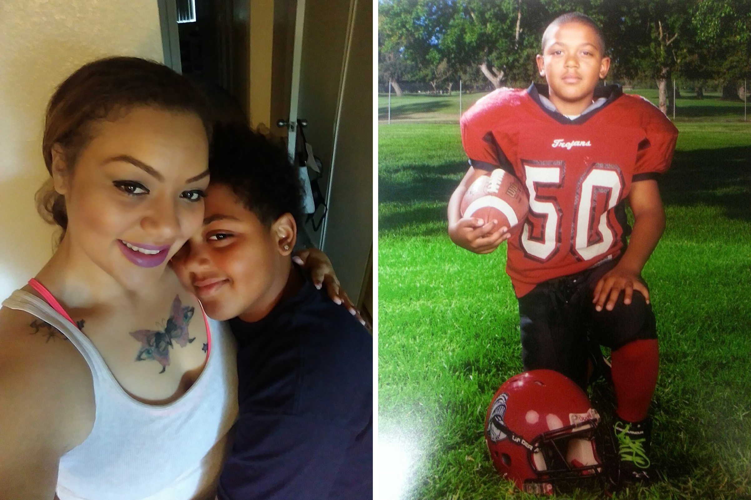 Left: Shynelle Jones and her son Jayden Galbert in the summer of 2017; Right: A portrait of Jayden Galbert when he played Pop Warner football for the Northwest Trojans.