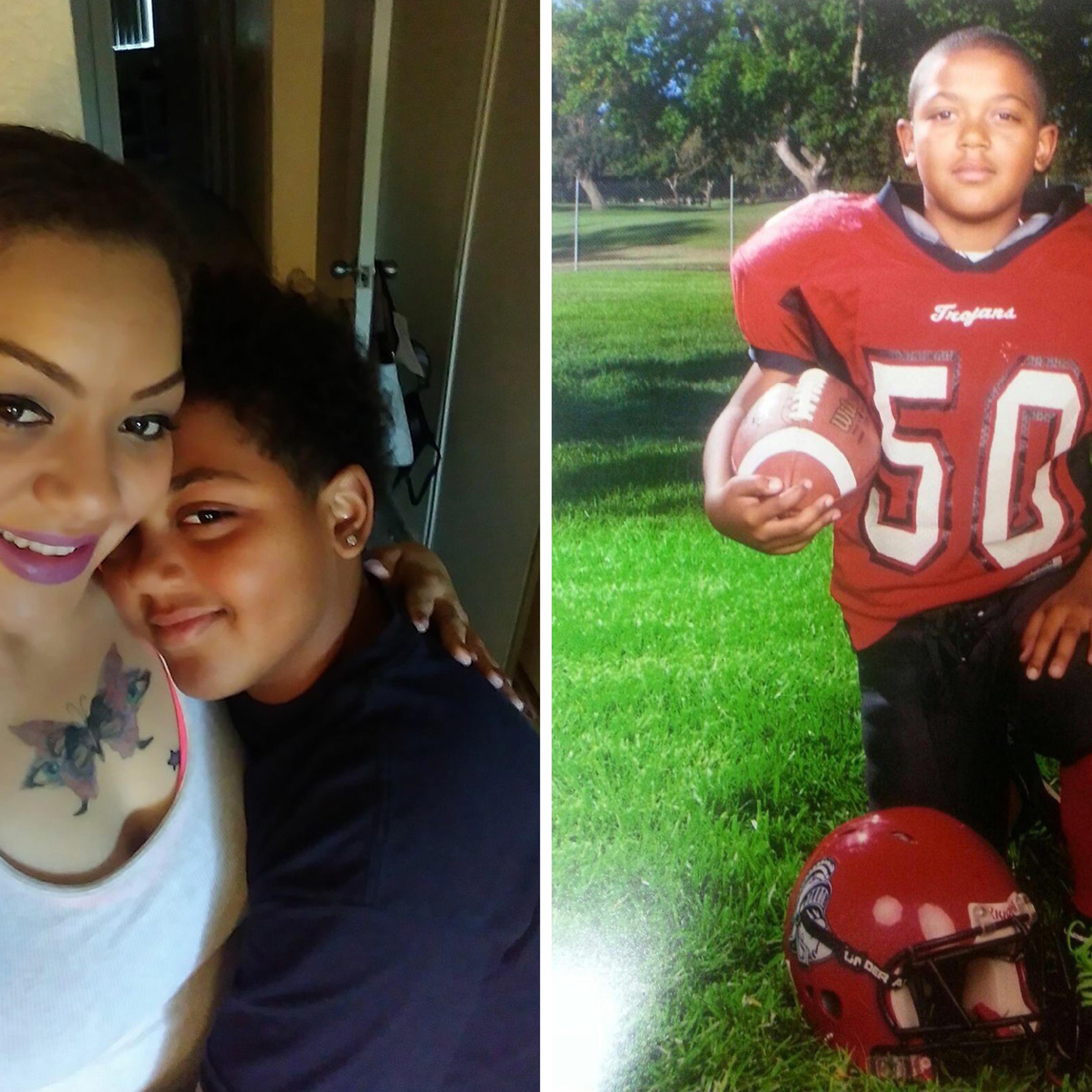 Left: Shynelle Jones and her son Jayden Galbert in the summer of 2017; Right: A portrait of Jayden Galbert when he played Pop Warner football for the Northwest Trojans.
