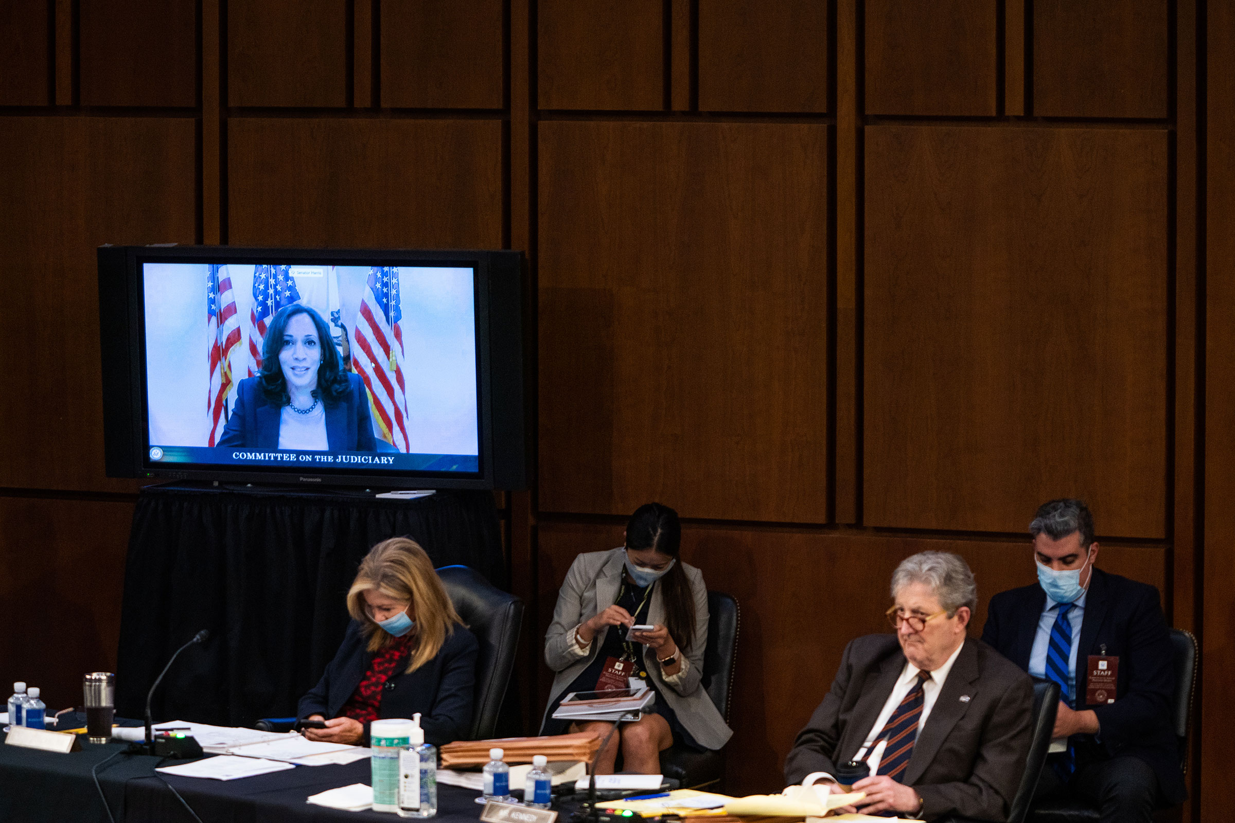Senator Kamala Harris on screen during the Senate Judiciary Committee hearing of Supreme Court nominee Amy Coney Barrett on Oct. 14, 2020 in Washington, DC.