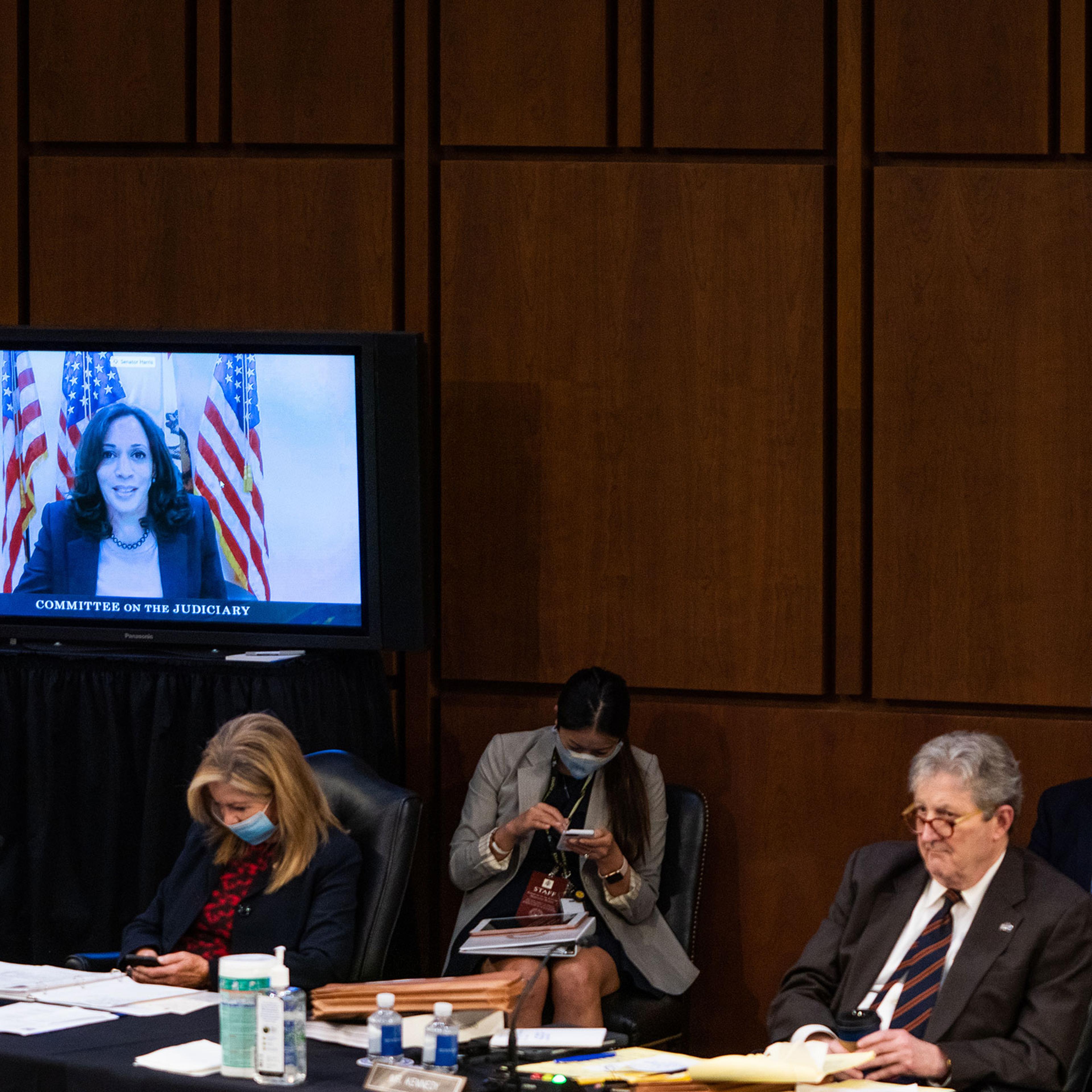 Senator Kamala Harris on screen during the Senate Judiciary Committee hearing of Supreme Court nominee Amy Coney Barrett on Oct. 14, 2020 in Washington, DC.