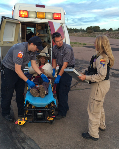 Ann Rodgers, a 72 year-old woman missing since March 31, being rescued by the Arizona Department of Public Safety Air Rescue Unit in Canyon Creek, Gila County, Arizona, April 9, 2016. 
