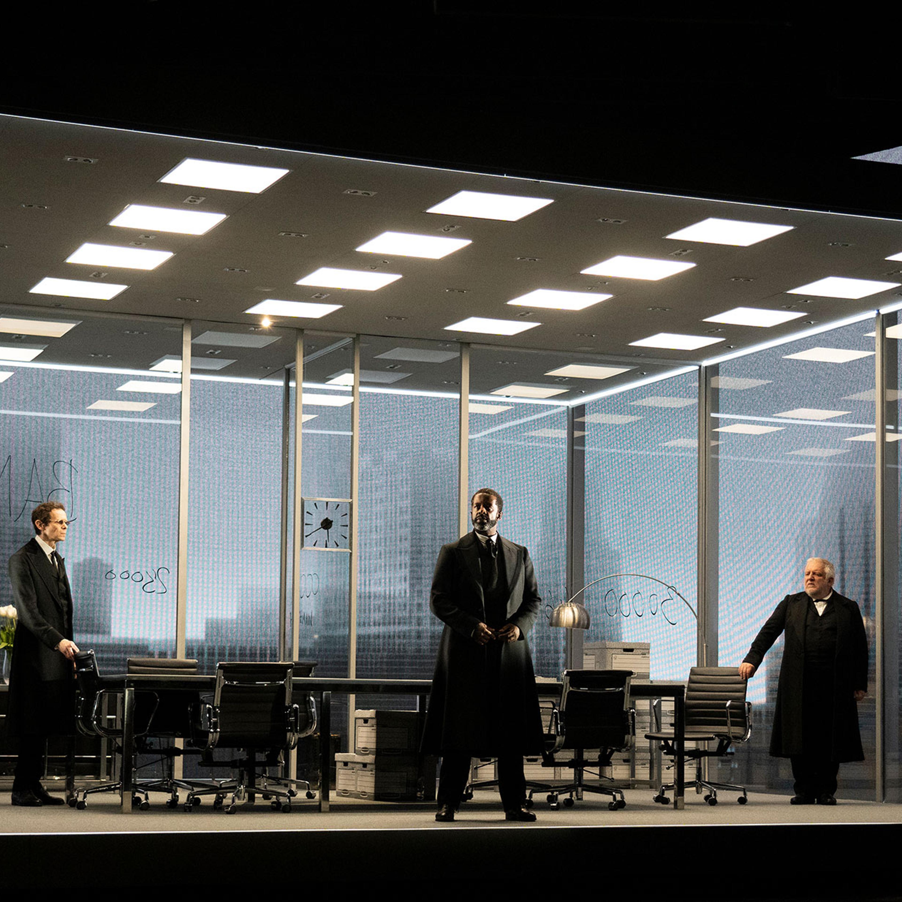 From left, Adam Godley, Adrian Lester and Simon Russell Beale in "The Lehman Trilogy," at the Nederlander Theater in New York on Sept. 24, 2021. (Sara Krulwich/The New York Times)