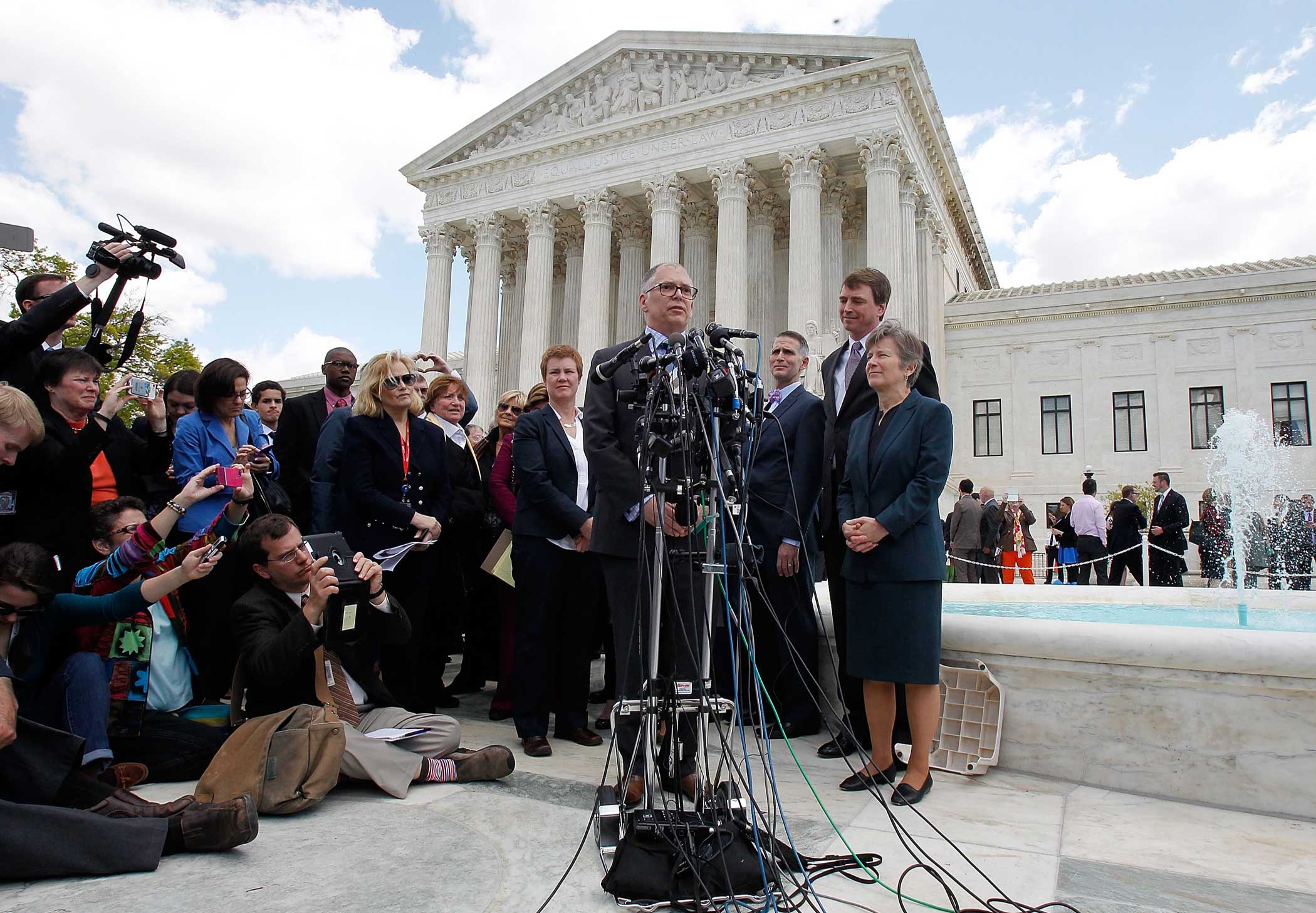 Jim Obergefell, the plaintiff in the marriage equality case, speaks outside of the Supreme Court of the United States on April 28, 2015 in Washington.