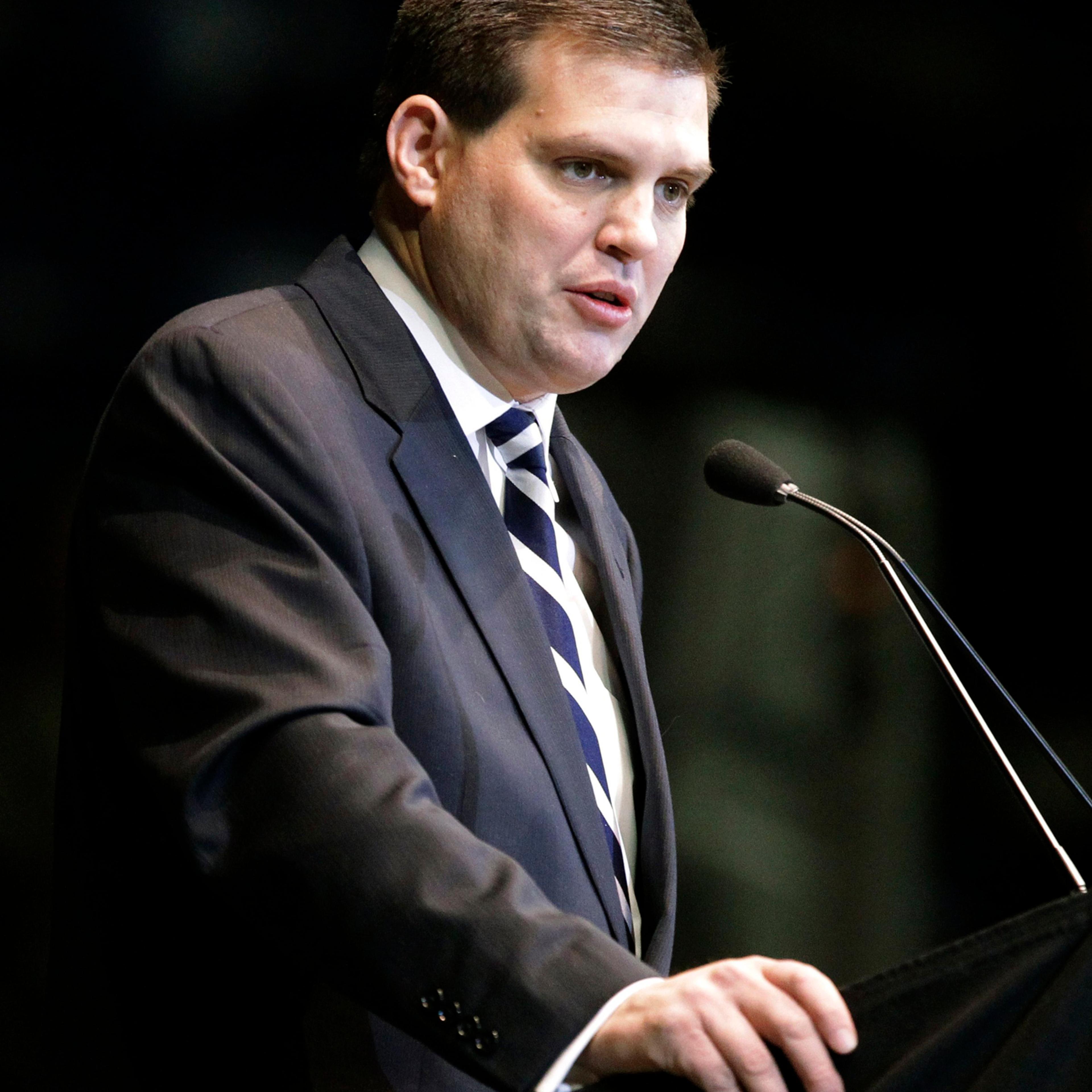 Jay Paterno, son of former Penn State football head coach Joe Paterno, speaks during a memorial service for his father in State College, Pa., in 2012.