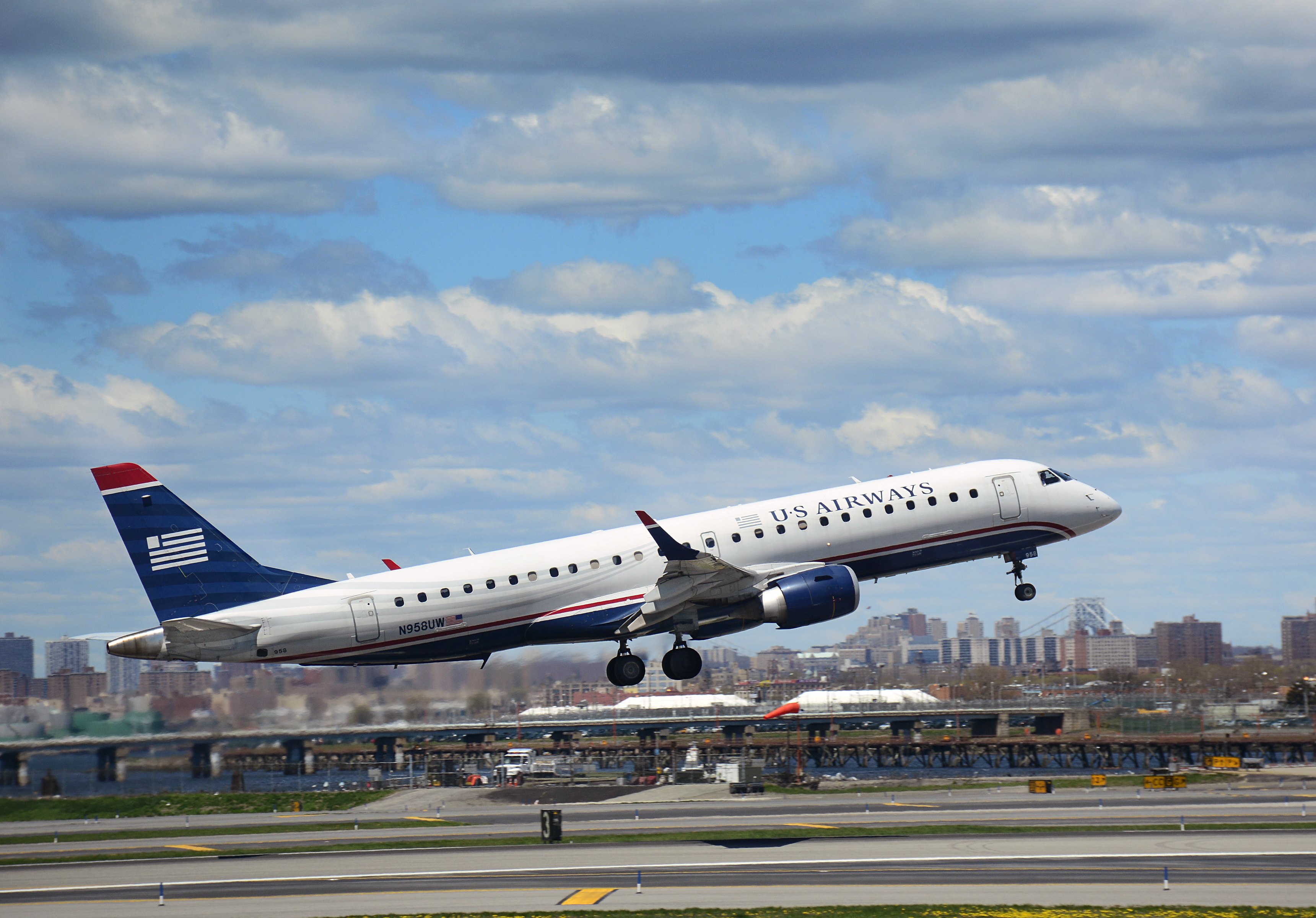 A U.S. Airways passenger aircraft (Bombardier CRJ-200) takes off from LaGuardia Airport in New York City, on April 18, 2015.