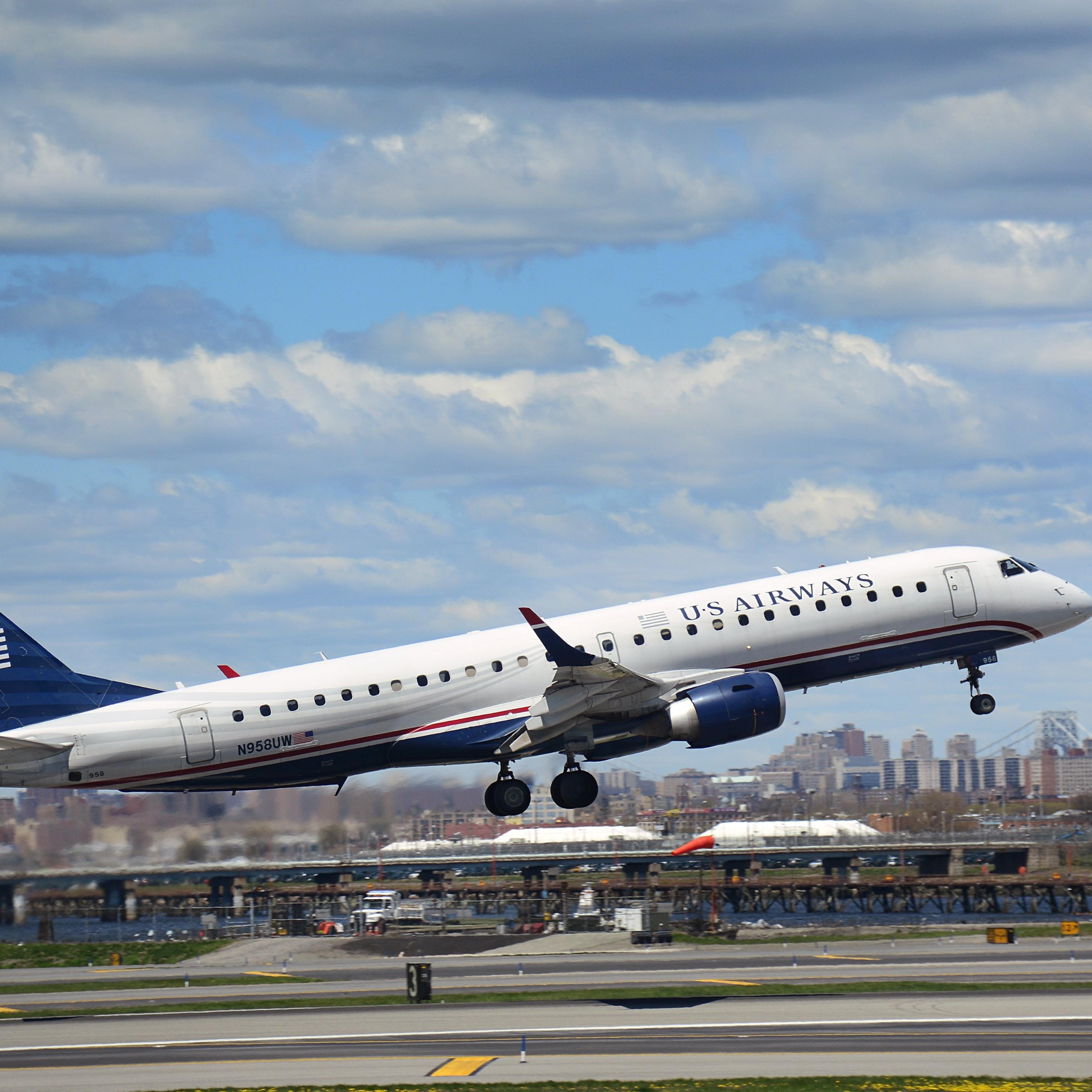 A U.S. Airways passenger aircraft (Bombardier CRJ-200) takes off from LaGuardia Airport in New York City, on April 18, 2015.