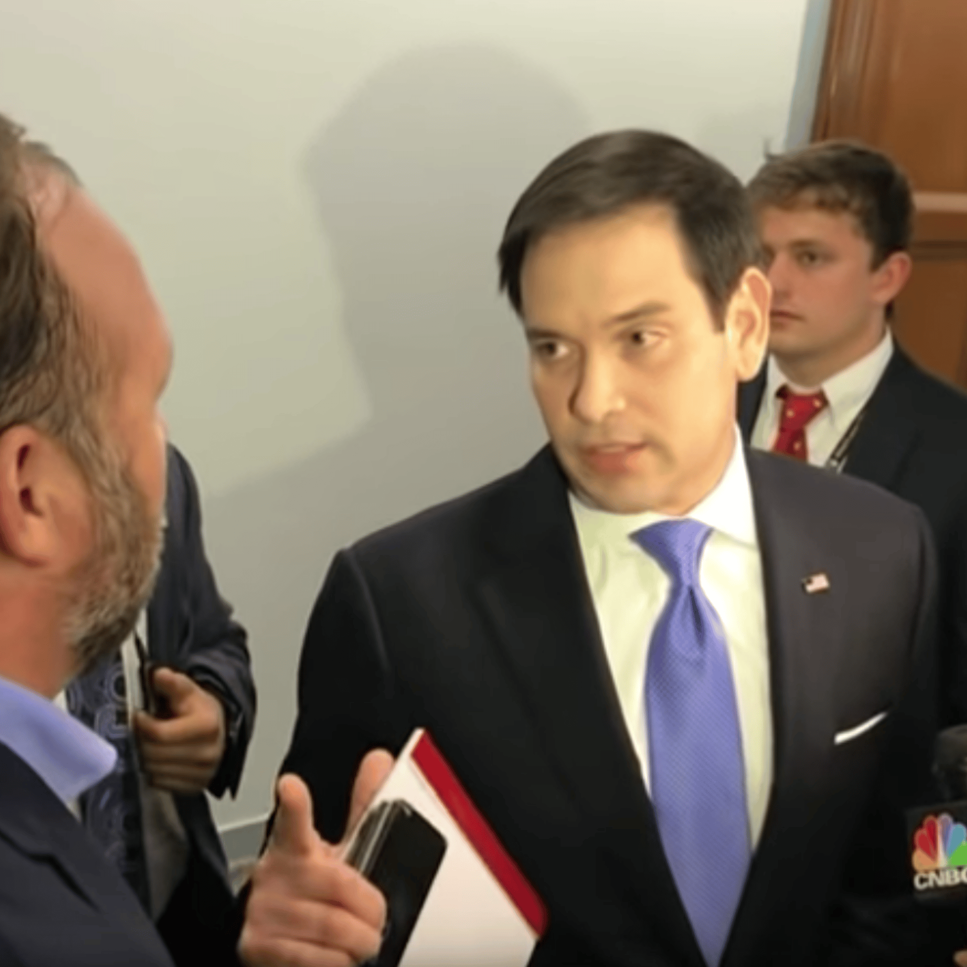 This screenshot from an Associated Press YouTube video shows Sen. Marco Rubio and Alex Jones clashing outside the Senate hearing on social media regulation on Wednesday.
