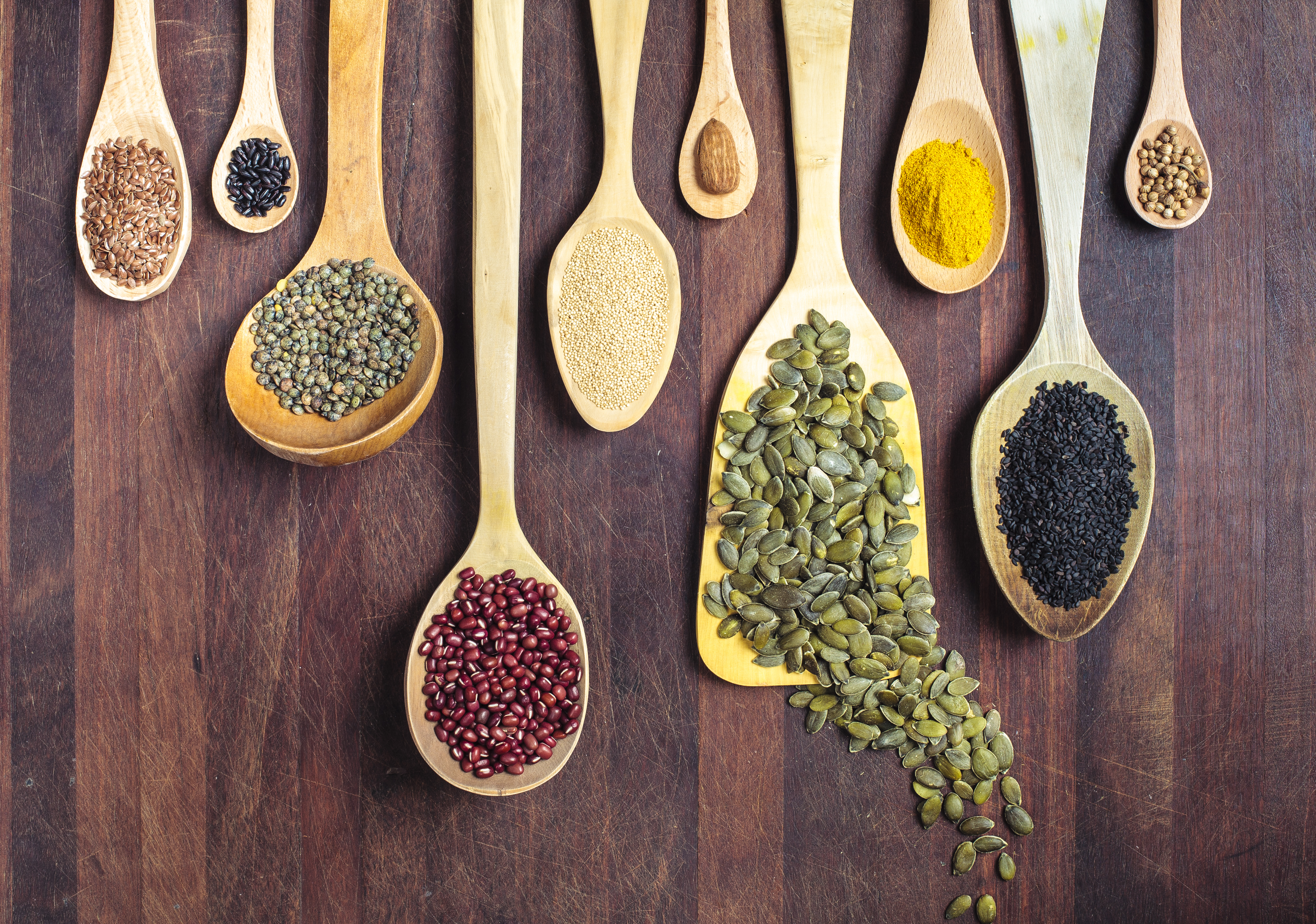 Spices, nuts, seeds, grains and pulses.