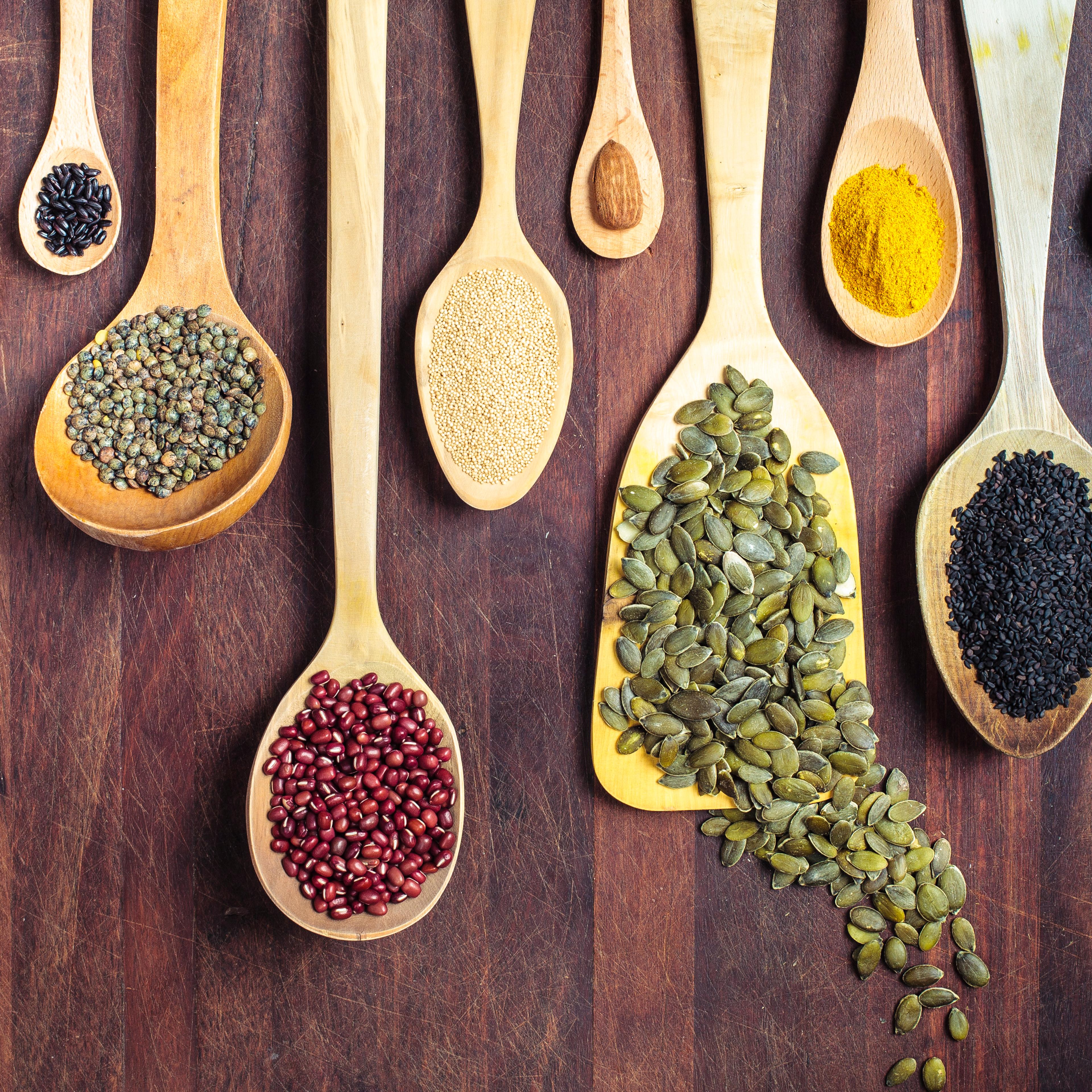 Spices, nuts, seeds, grains and pulses.