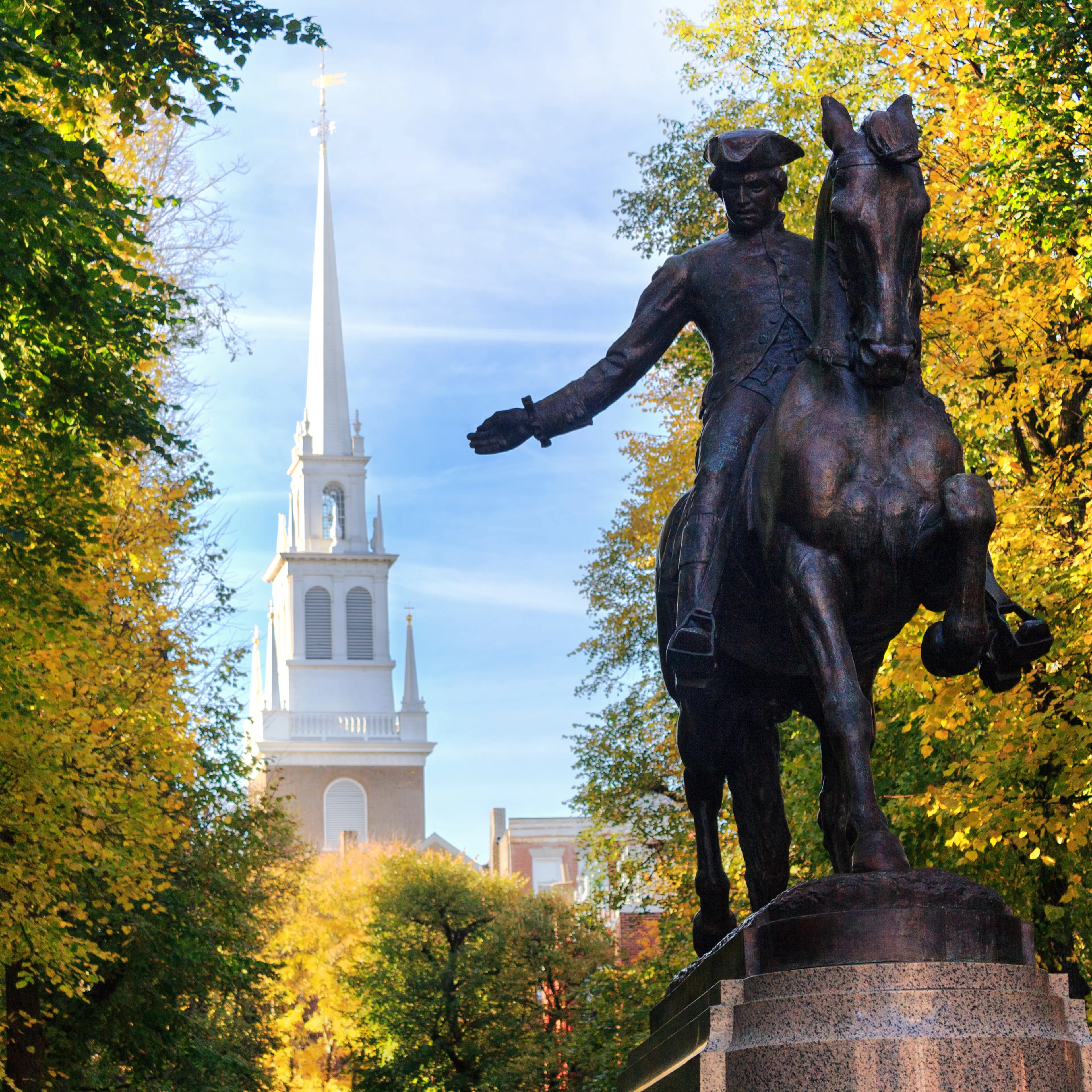 Paul revere Statue and the Old North Church, Boston, Massachusetts