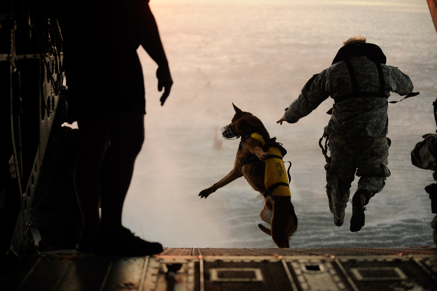 March 1, 2011. A U.S. Army soldier with the 10th Special Forces Group and his military working dog jump off the ramp of a CH-47 Chinook helicopter from the 160th Special Operations Aviation Regiment during water training over the Gulf of Mexico as part of exercise Emerald Warrior 2011.
