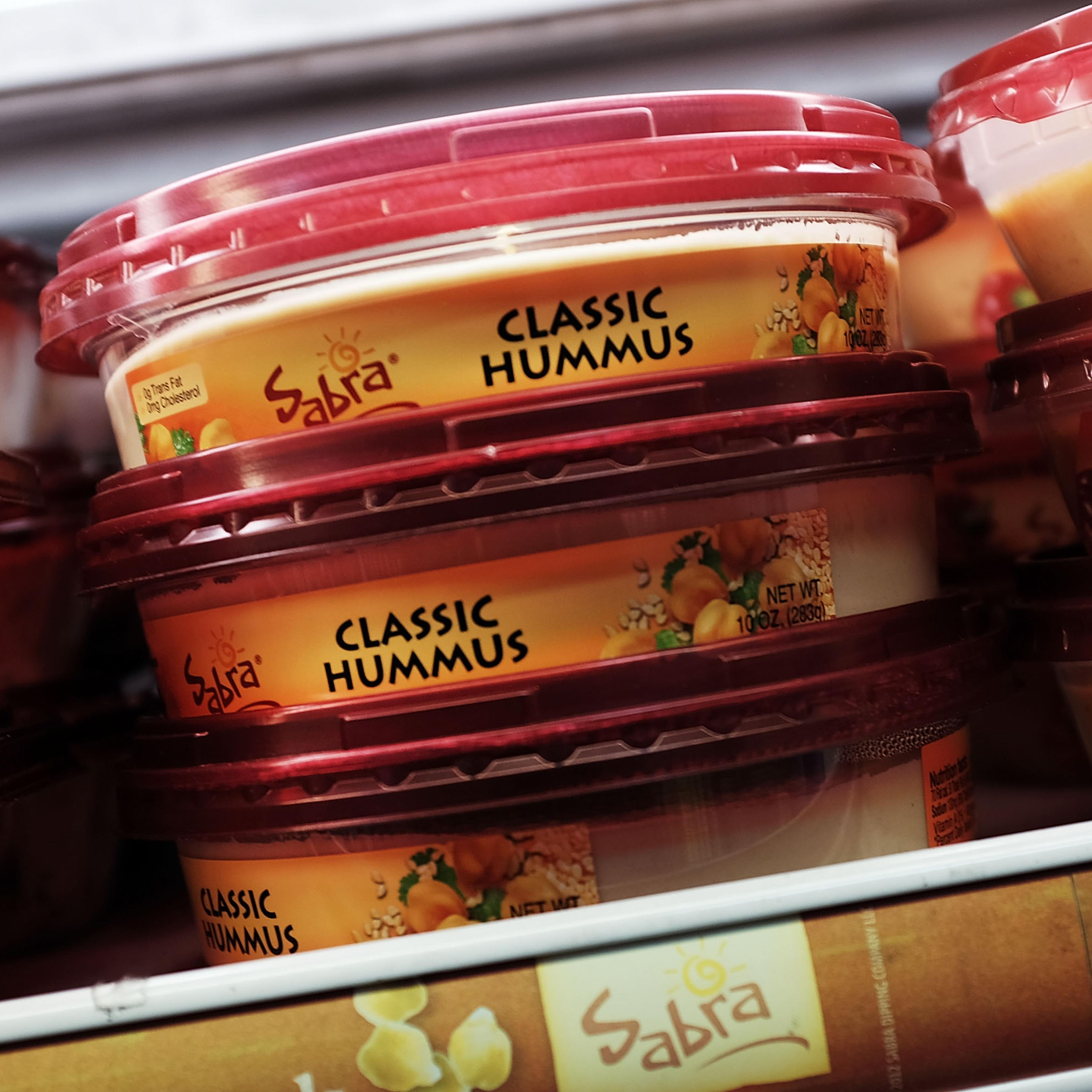 Cases of Sabra Classic Hummus are viewed on the shelf of a grocery store on April 9, 2015 in New York City.