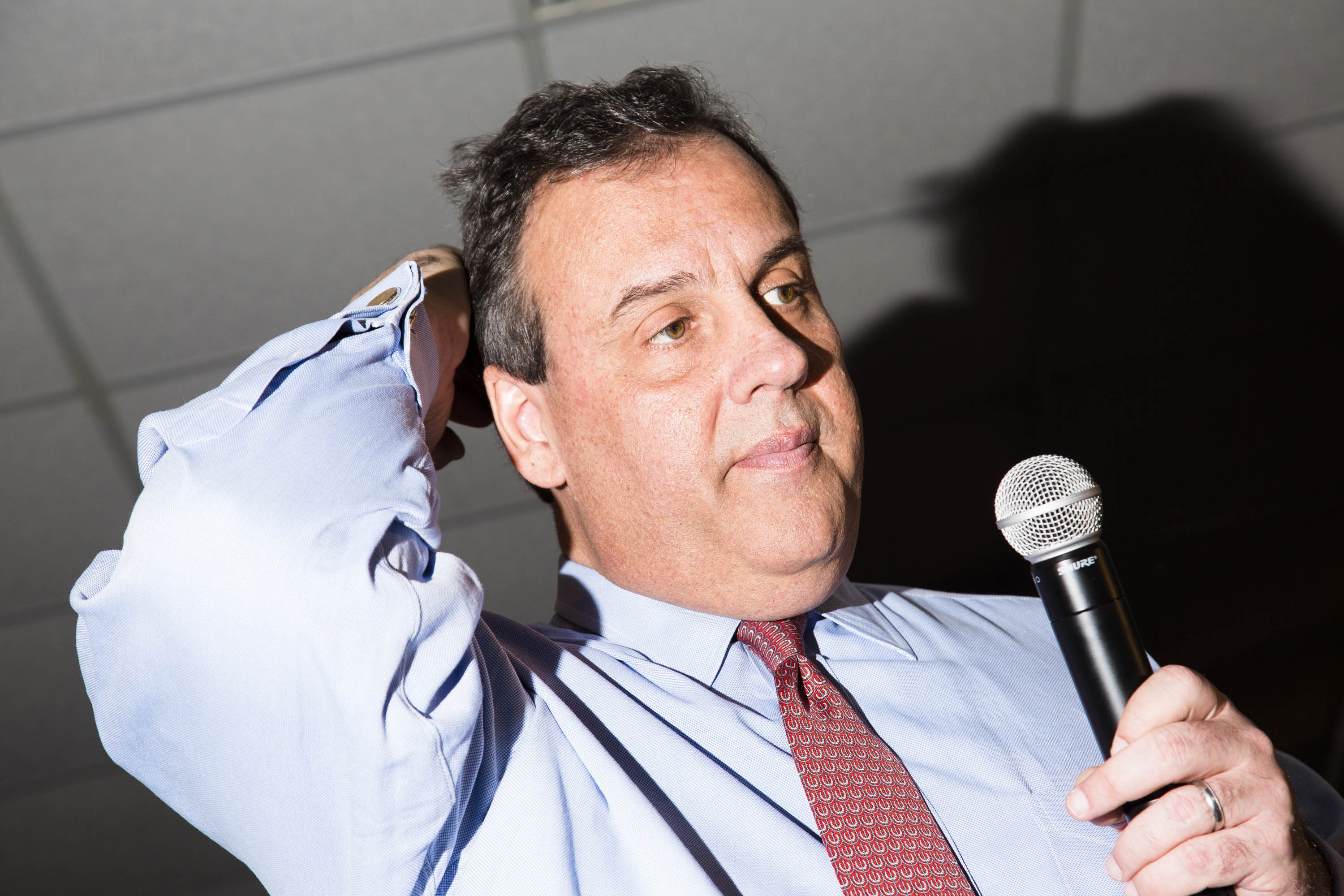 HAMPTON, NH - FEB 7: New Jersey Governor and 2016 Republican presidential candidate Chris Christie speaks to attendees during a campaign event at Hampton Academy on Sunday, February 7, 2016, in Hampton, NH. (Photo by Landon Nordeman)