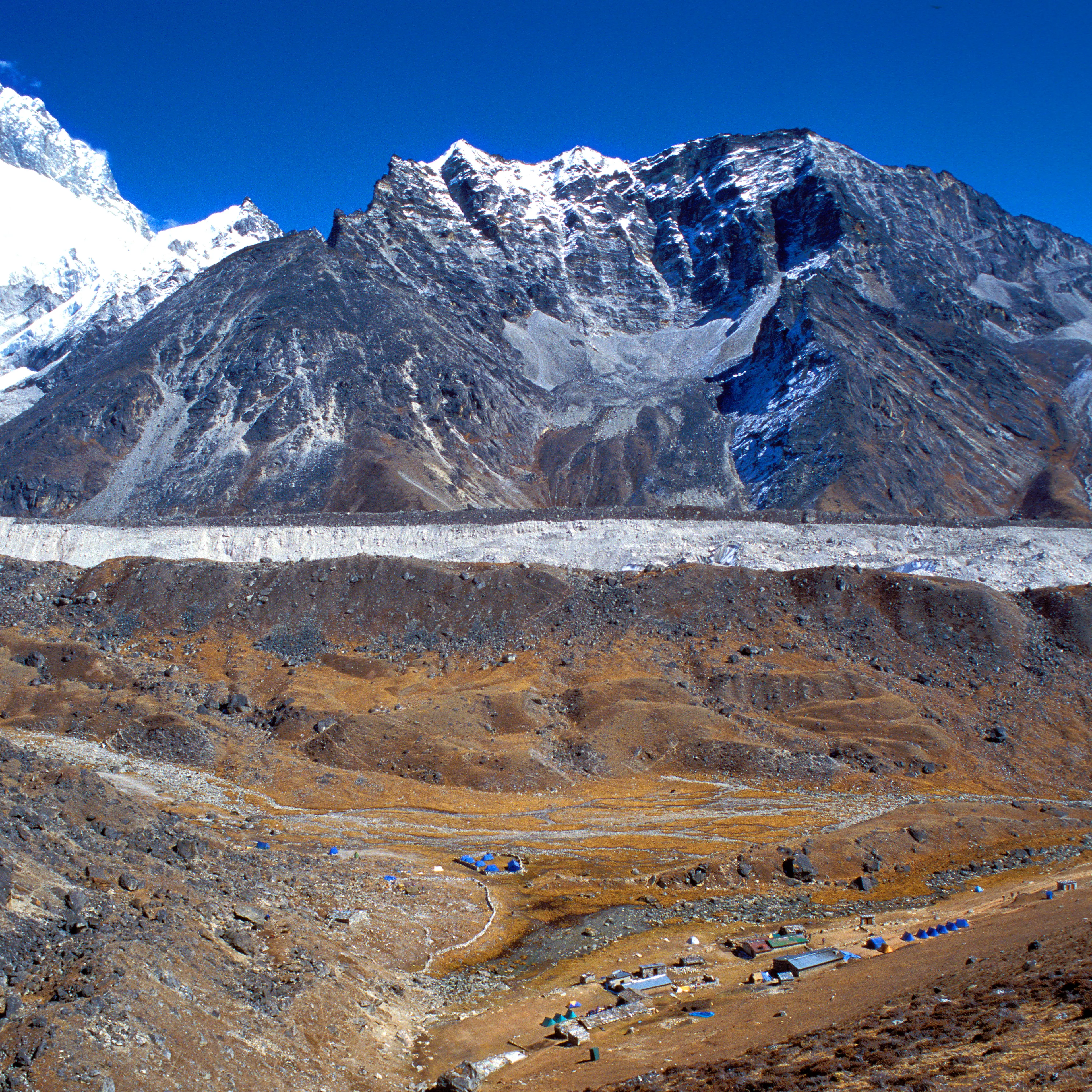 Trekking paths leading to Everest base camp. Lobuche village and Ngozumpa glacier. Solu Khumbu. Nepal.