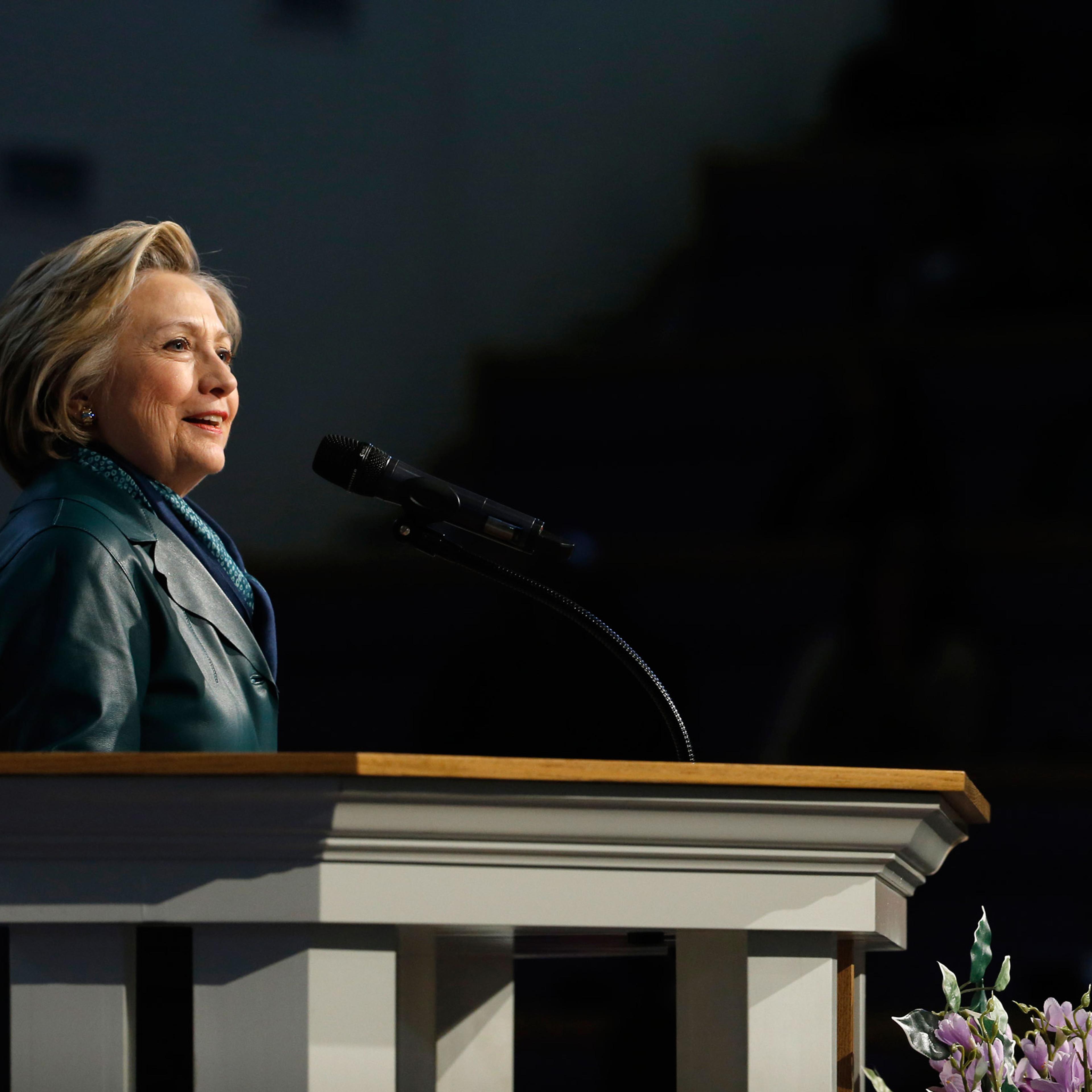 Democratic presidential candidate Hillary Clinton speaks, Sunday, April 24, 2016, at Triumph Baptist Church in Philadelphia. (AP Photo/Matt Rourke)