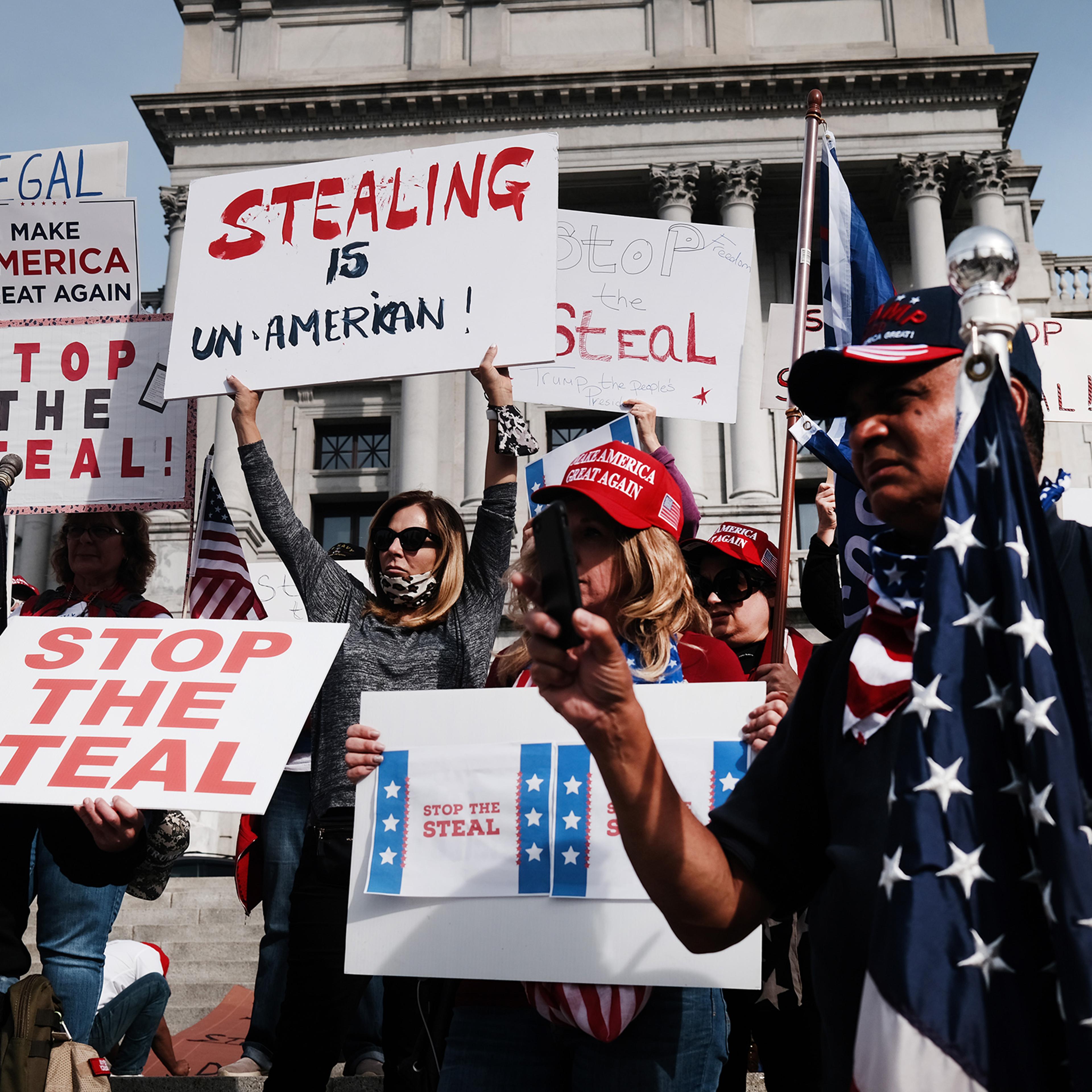 Protesters calling to stop the vote count in Pennsylvania due to alleged fraud against President Donald Trump gather on the steps of the State Capital on Nov. 05 in Harrisburg, Penn.