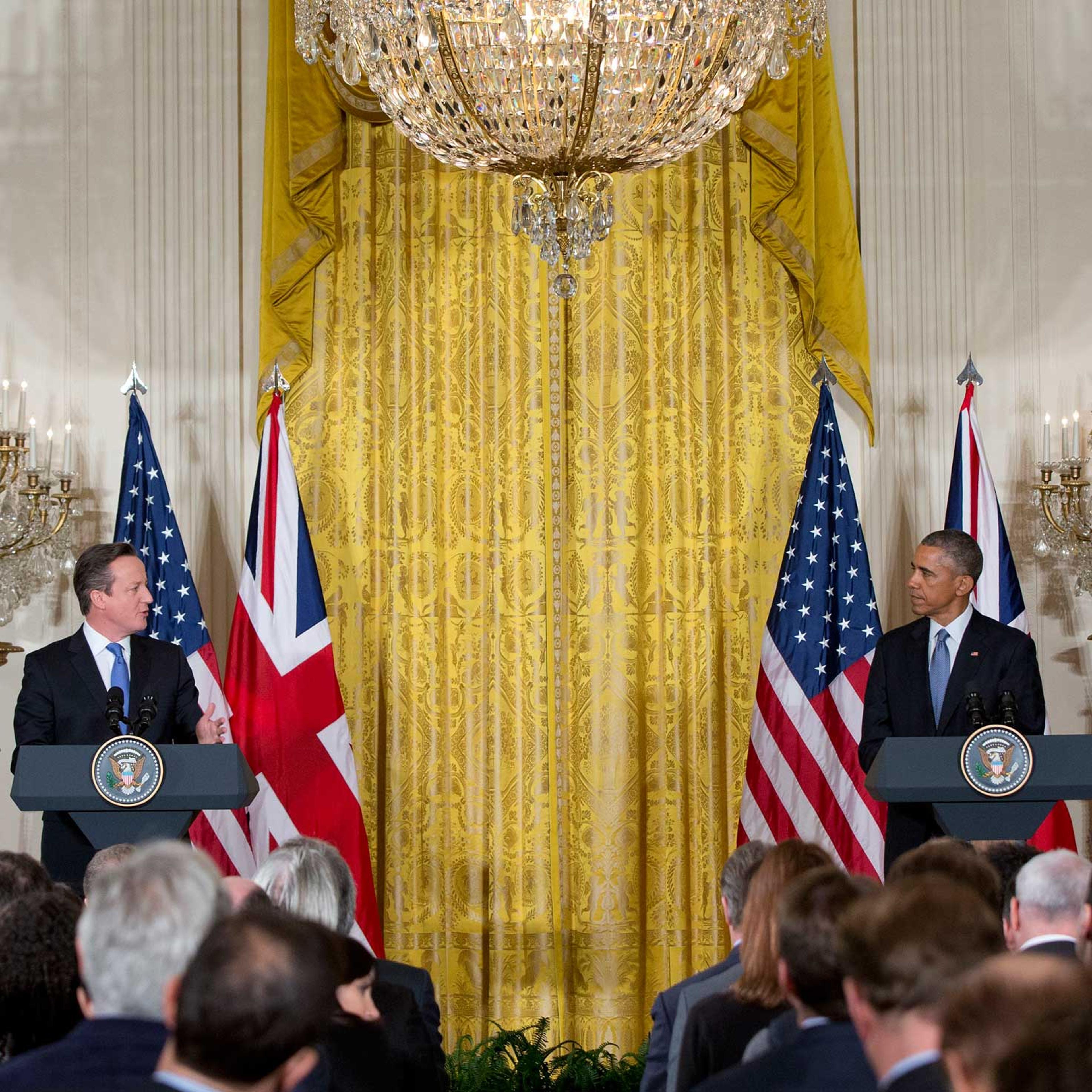 President Barack Obama and British Prime Minister David Cameron hold a joint news conference in the East Room of the White House in Washington on Jan. 16, 2015.