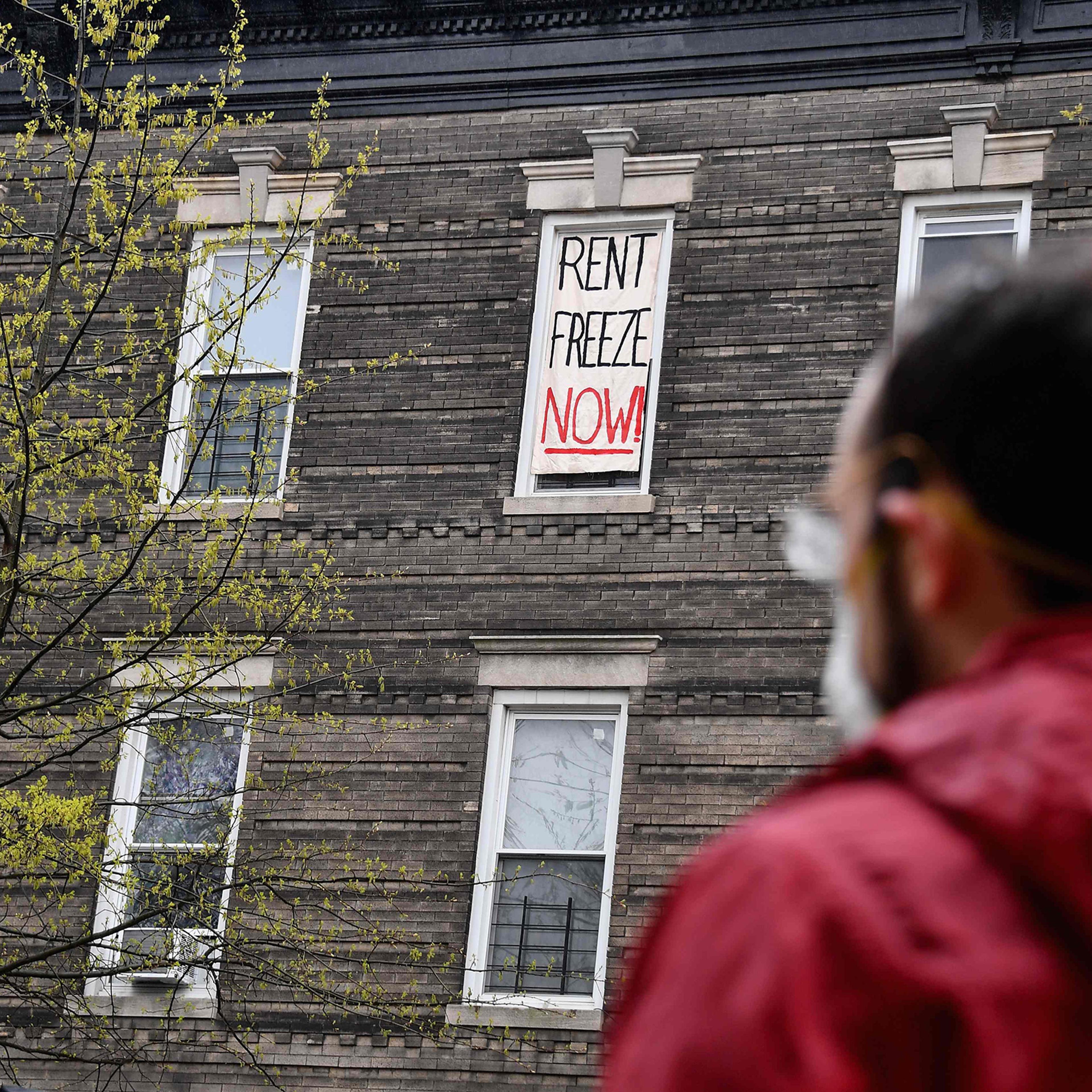 A Crown Heights building tenant stages a rent strike on May 1 in New York City