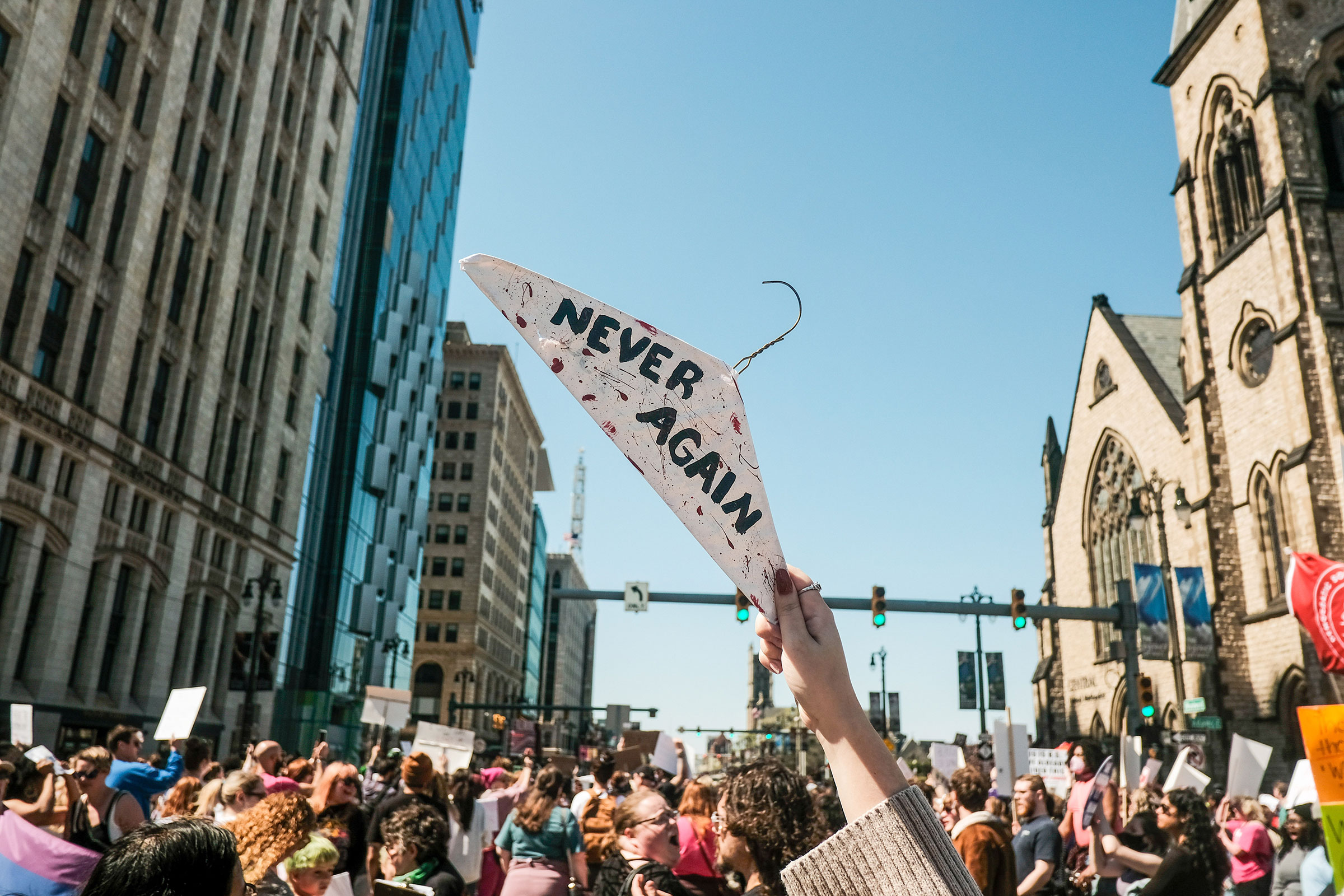 Pro-choice activists march through the streets of downtown Detroit to protest a leaked document that showed that the U.S Supreme Court was prepared to overturn Roe v Wade, on May 7, 2022.