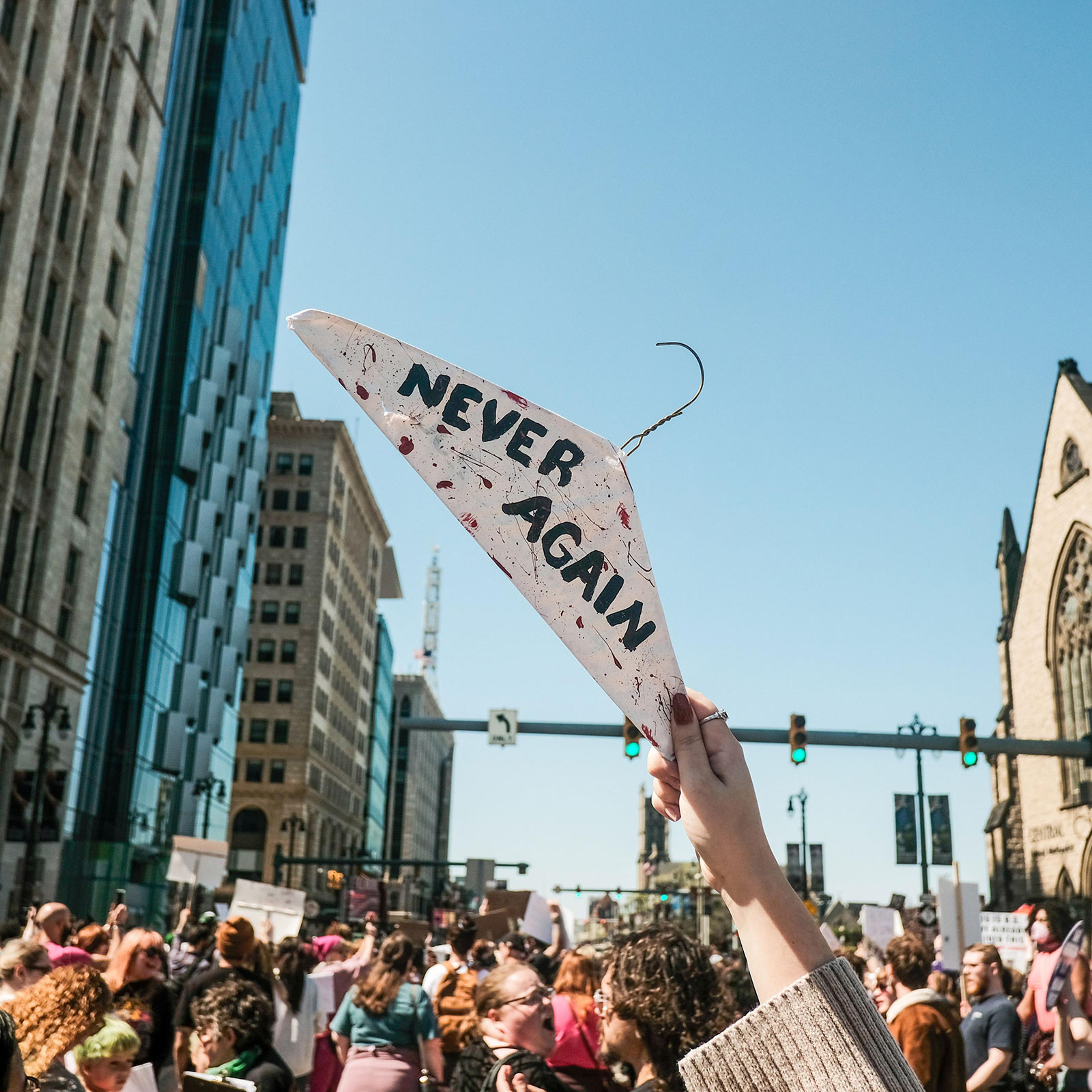 Pro-choice activists march through the streets of downtown Detroit to protest a leaked document that showed that the U.S Supreme Court was prepared to overturn Roe v Wade, on May 7, 2022.