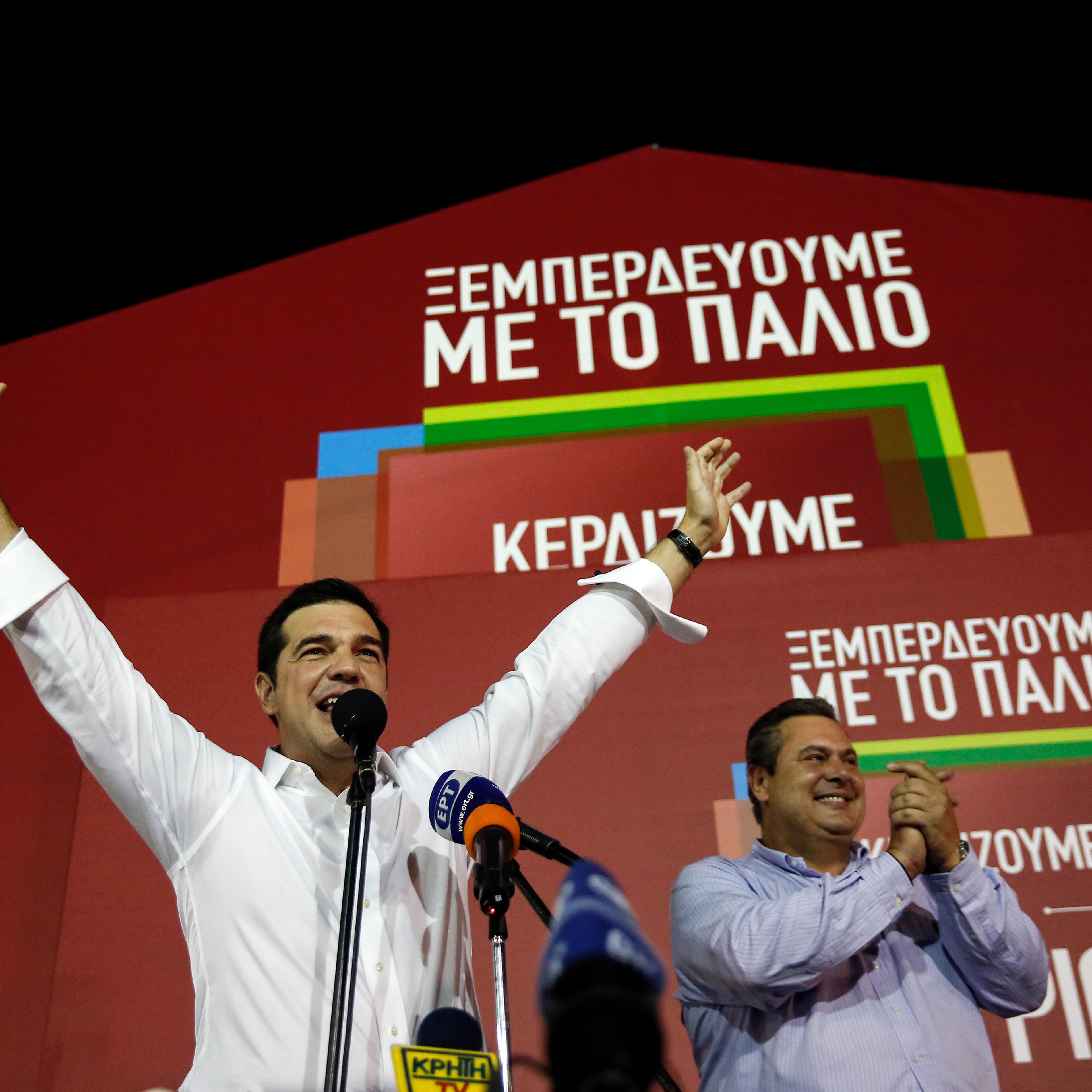 Alexis Tsipras, Greece's incoming prime minister and leader of the Syriza party, celebrates as he secures victory in the general election in Athens, Sept. 20, 2015.