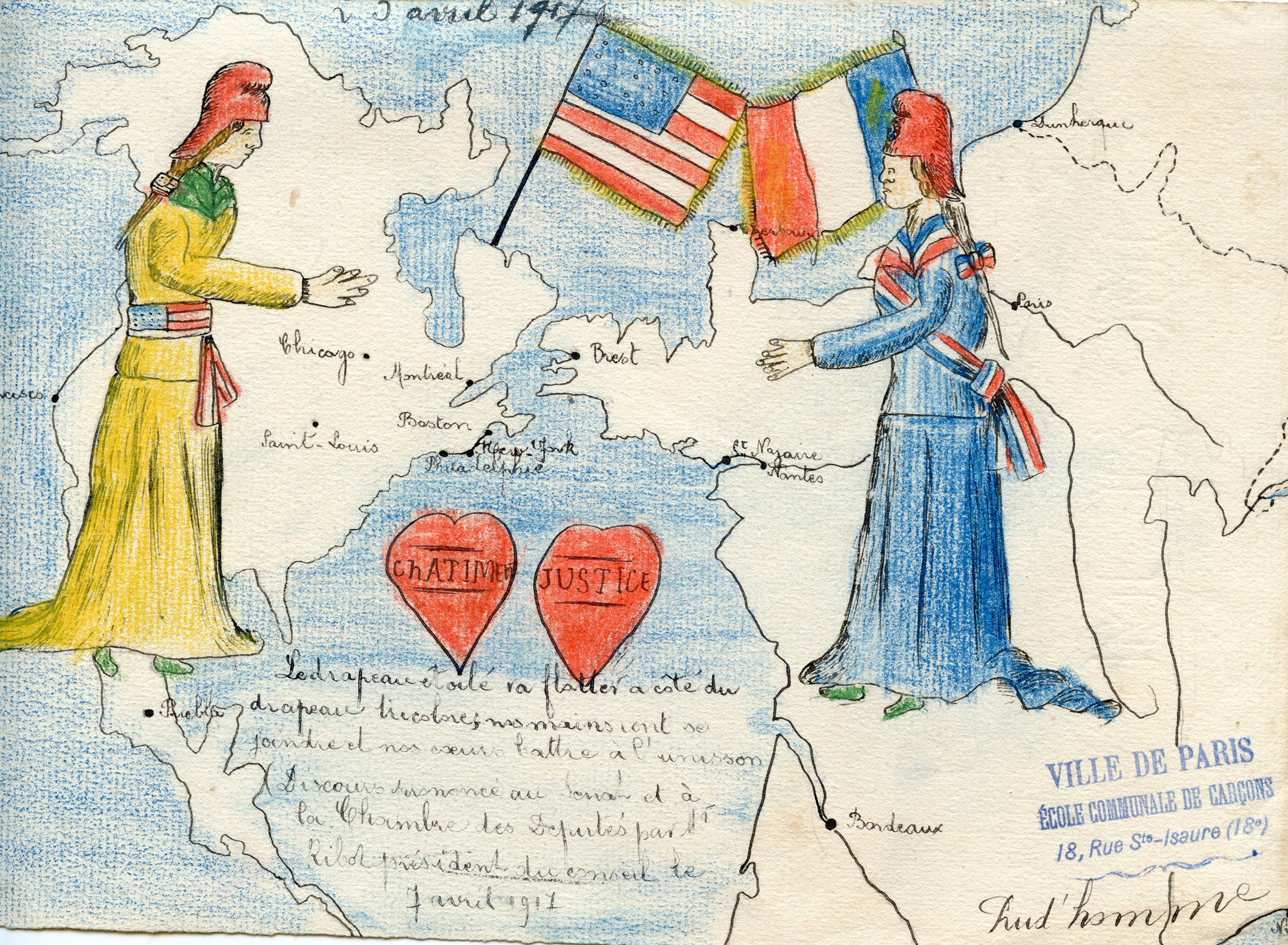 Drawings by French school children after the Americans landed in France in 1917.