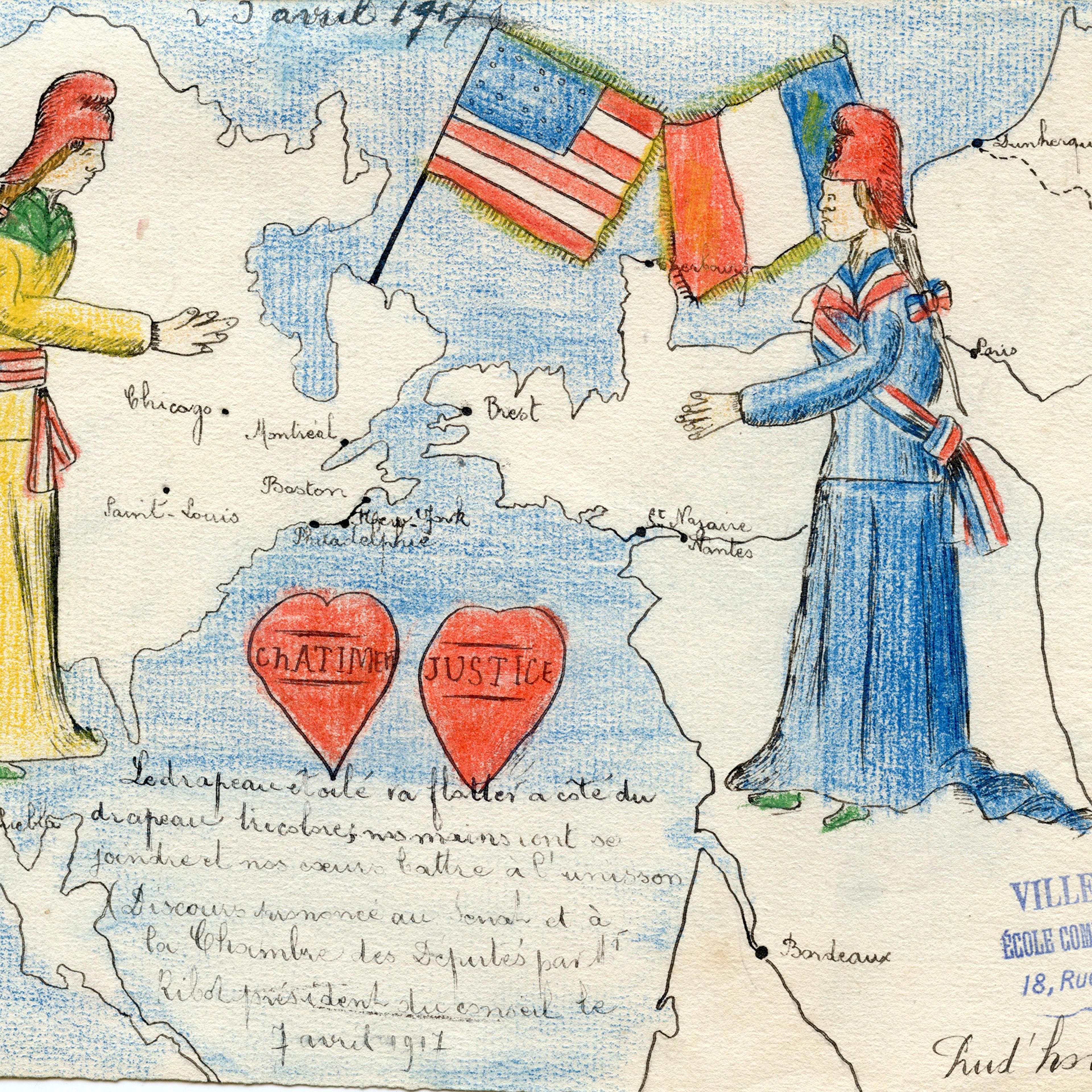 Drawings by French school children after the Americans landed in France in 1917.