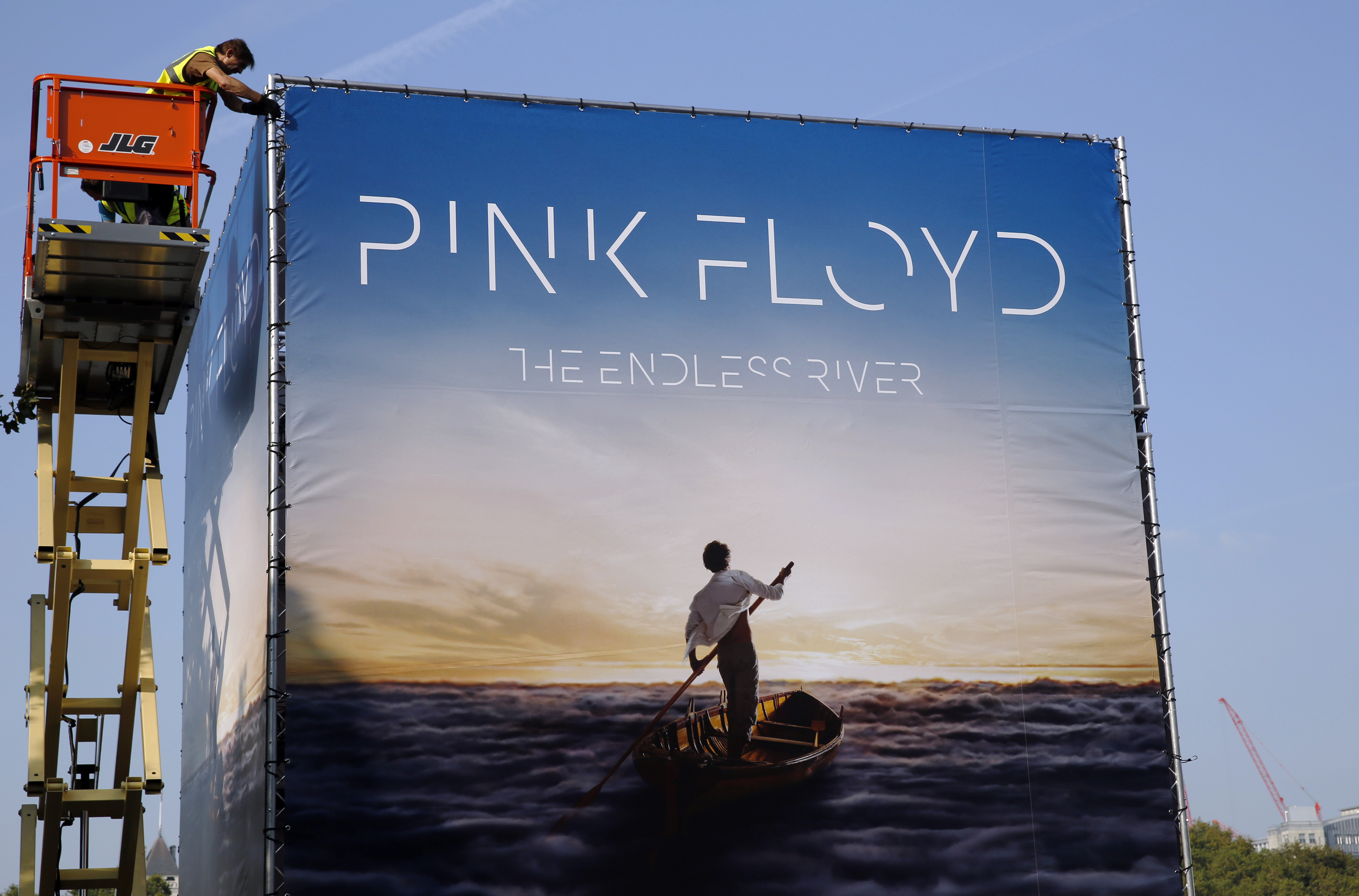 Advertising for the new Pink Floyd album "The Endless River" is installed on a four sided billboard on the South Bank in London