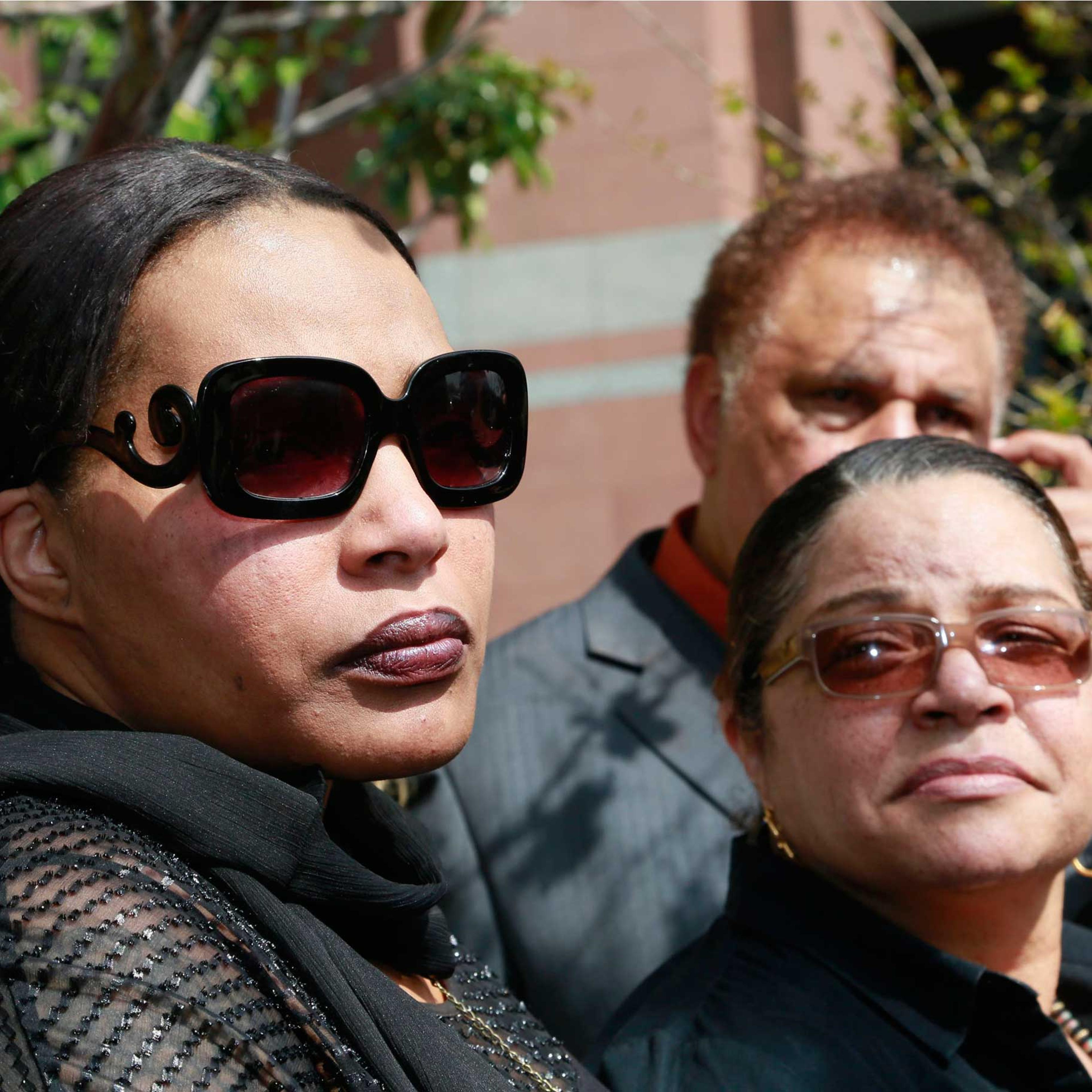 Marvin Gaye's daughter, Nona Gaye, left, and his ex-wife, Jan Gaye, take questions from the media outside Los Angeles U.S. District Court, after a jury awarded the singer's children nearly $7.4 million after determining singers Robin Thicke and Pharrell