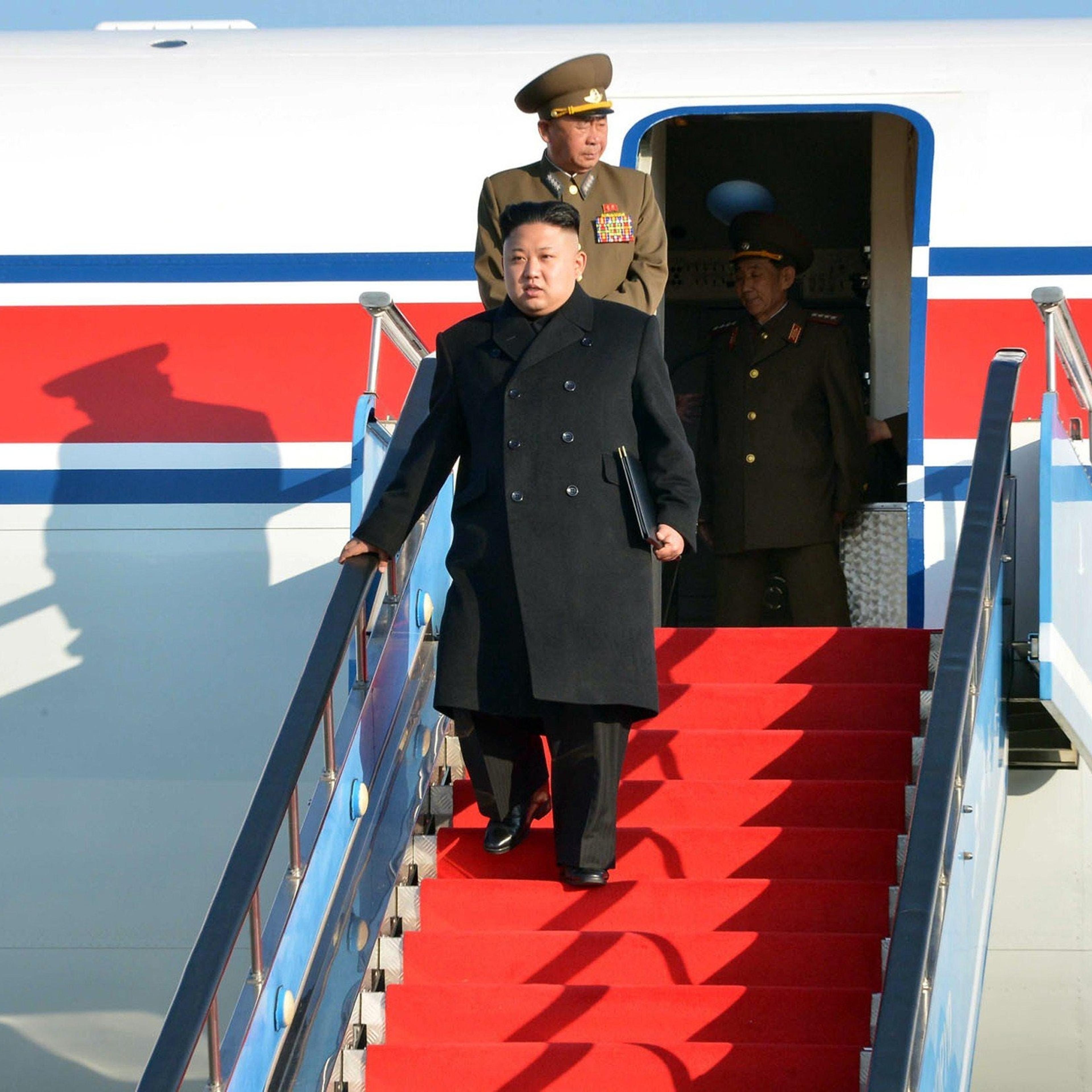 North Korean leader Kim Jong-Un arriving at the Samjiyong airport in Ryaggang province in North Korea