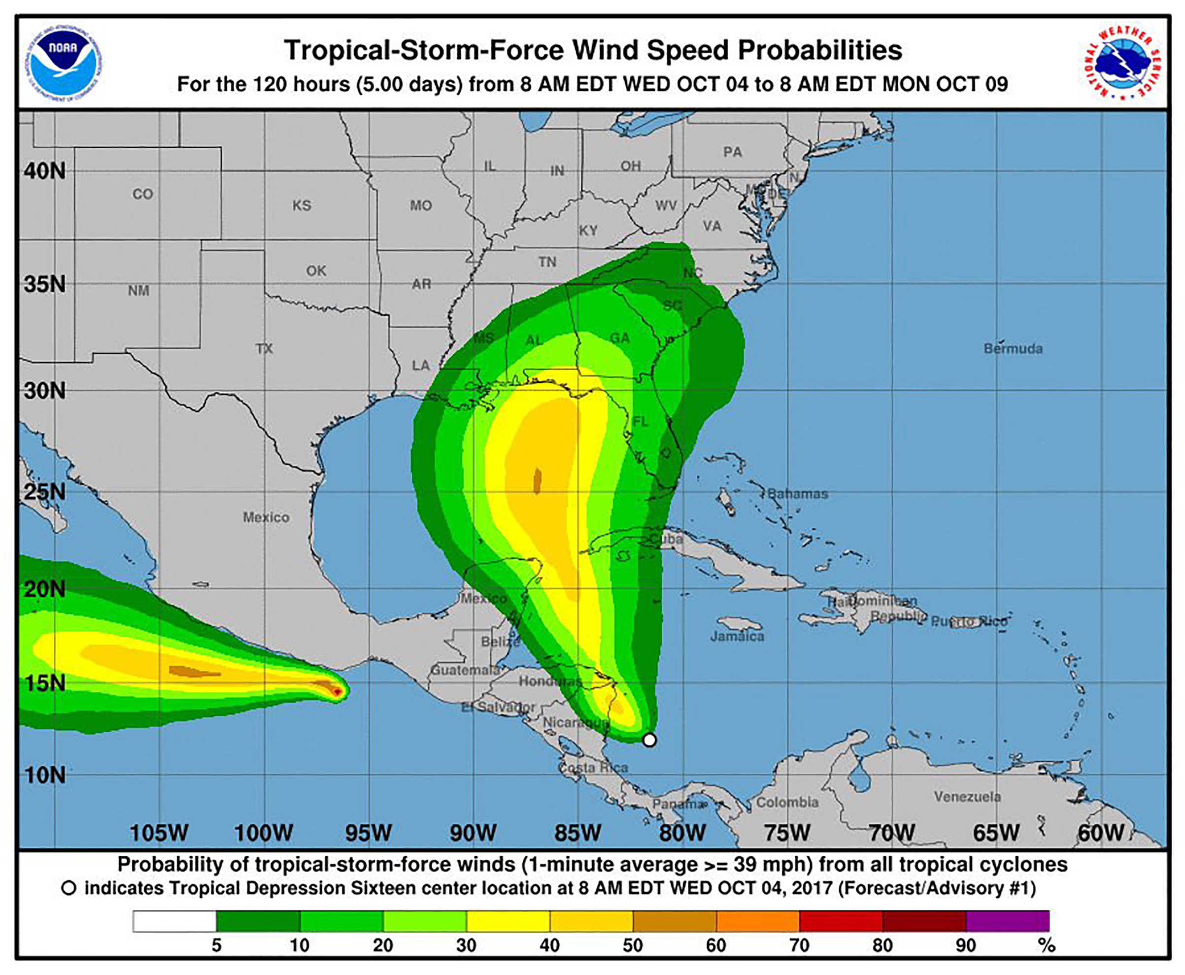 A new tropical depression that could eventually reach the U.S. as a hurricane was developing off of Central America on Oct. 4 while another system formed off the southern Pacific coast of Mexico. If the depression becomes the next Atlantic tropical storm