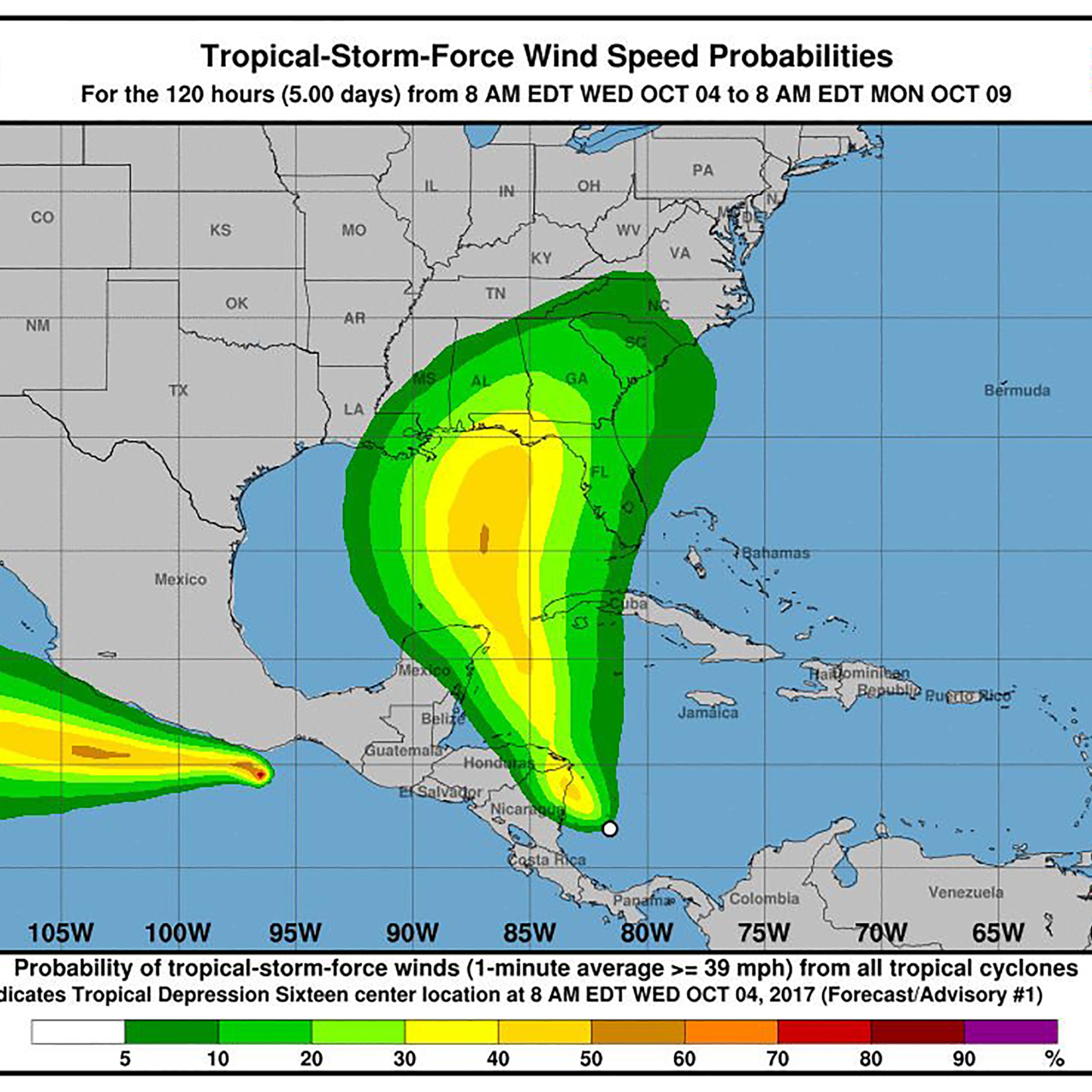 A new tropical depression that could eventually reach the U.S. as a hurricane was developing off of Central America on Oct. 4 while another system formed off the southern Pacific coast of Mexico. If the depression becomes the next Atlantic tropical storm