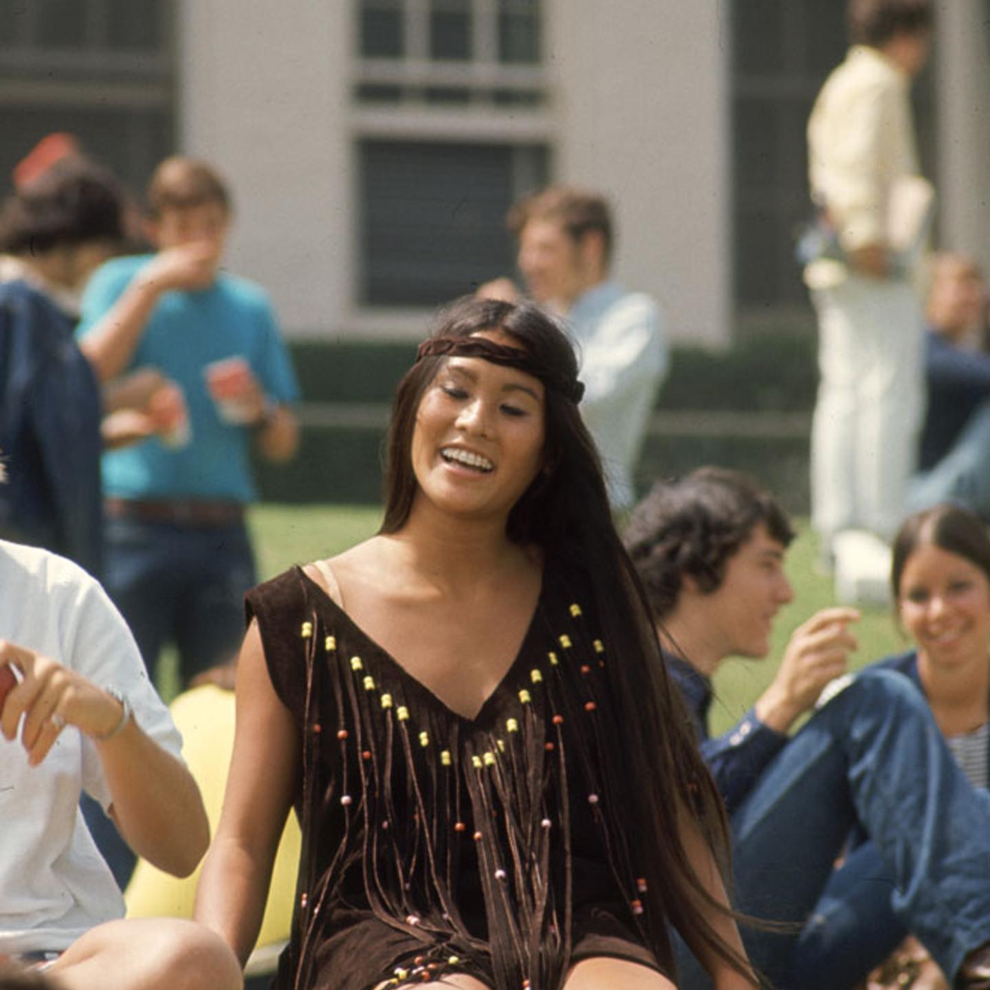 Student Rosemary Shoong at Beverly Hills High School, wearing a dress she made herself, 1969.