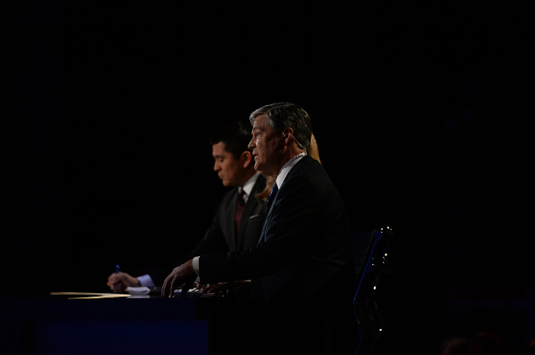 The debate moderators ask questions during the undercard debate.