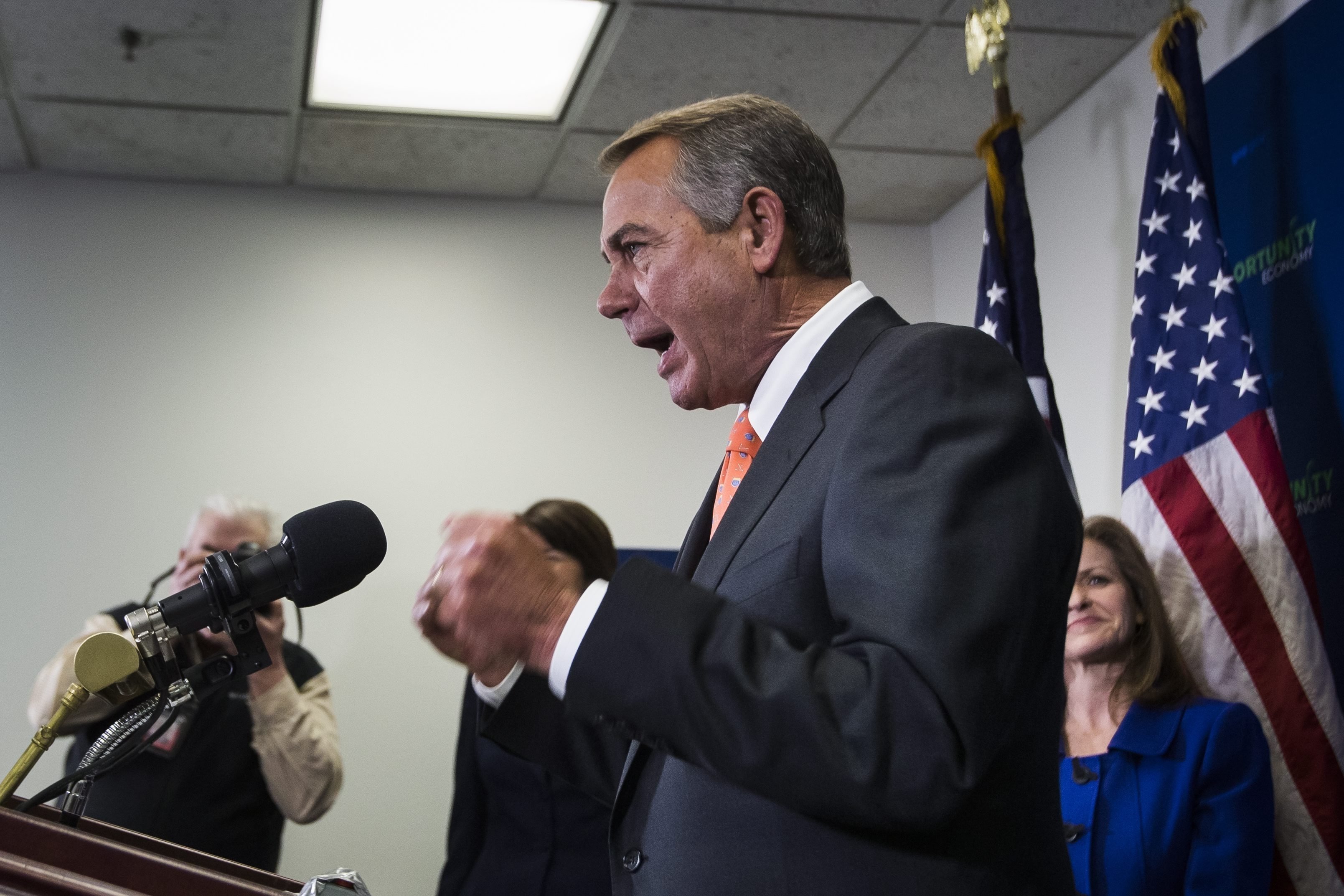 Republican Speaker of the House from Ohio John Boehner speaks at a press conference about President Obama's proposal seeking war authorization from congress to fight Islamic State militants in Syria and Iraq in the Capitol in Washington on Feb. 11, 2015.