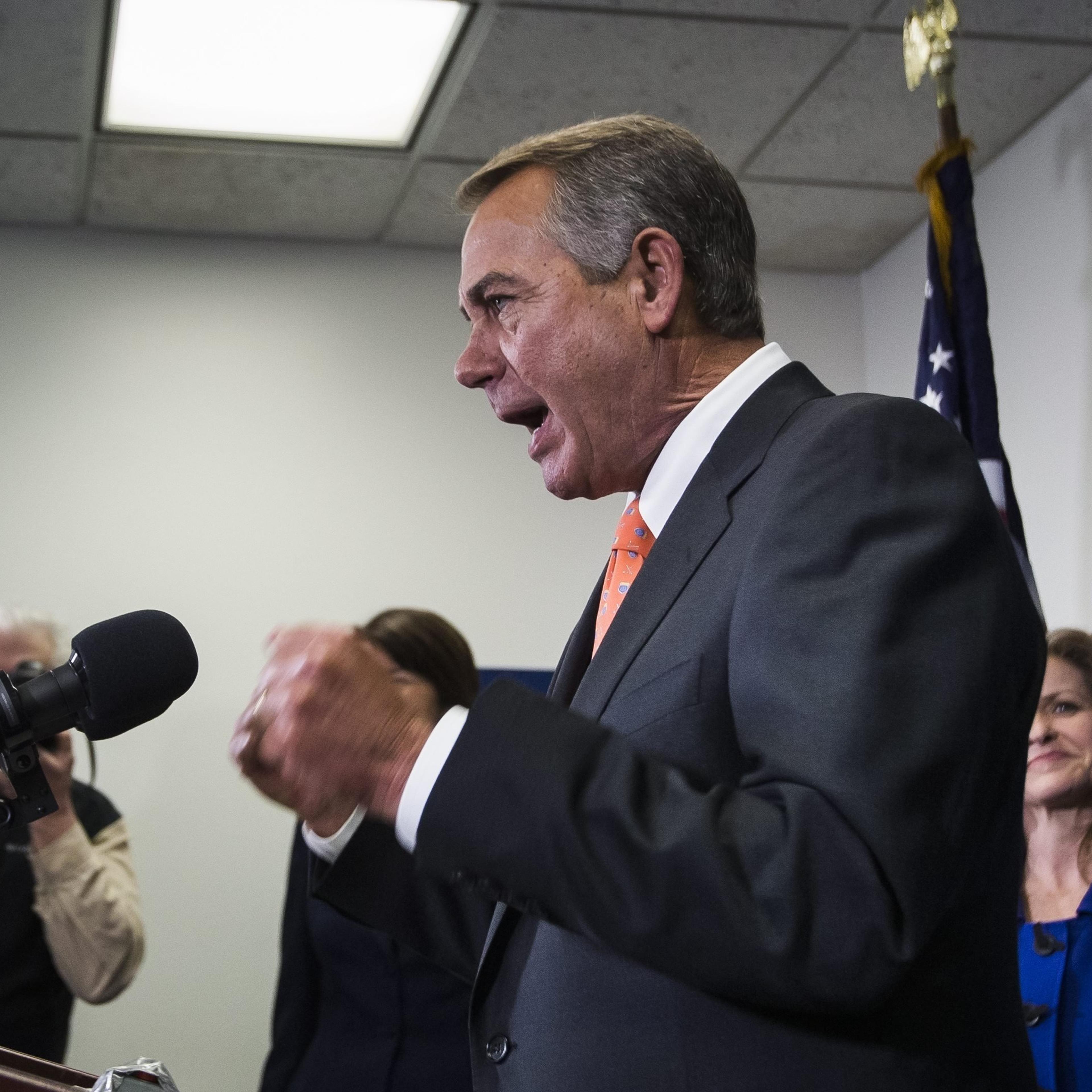 Republican Speaker of the House from Ohio John Boehner speaks at a press conference about President Obama's proposal seeking war authorization from congress to fight Islamic State militants in Syria and Iraq in the Capitol in Washington on Feb. 11, 2015.