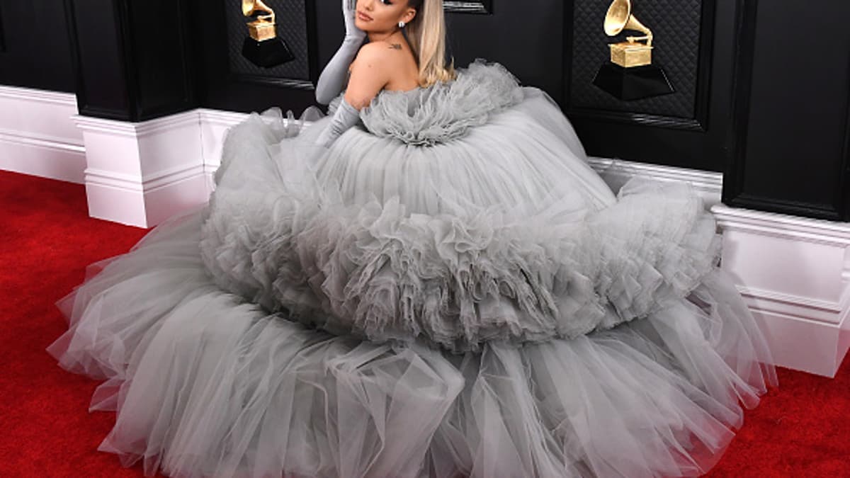 ariana met gala grey dress Ariana Grande Wears Second Gray Grammys Dress