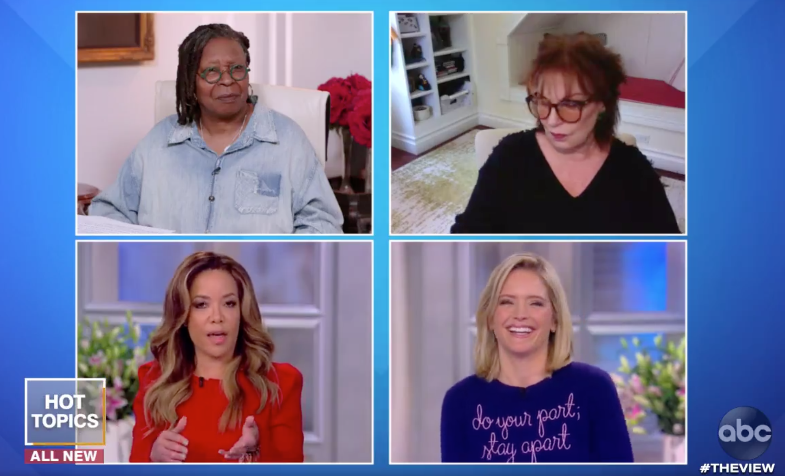 Clockwise from top left: Whoopi Goldberg, Joy Behar, Sarah Haines and Sunny Hostin on ABC's 'The View,' March 23, 2020