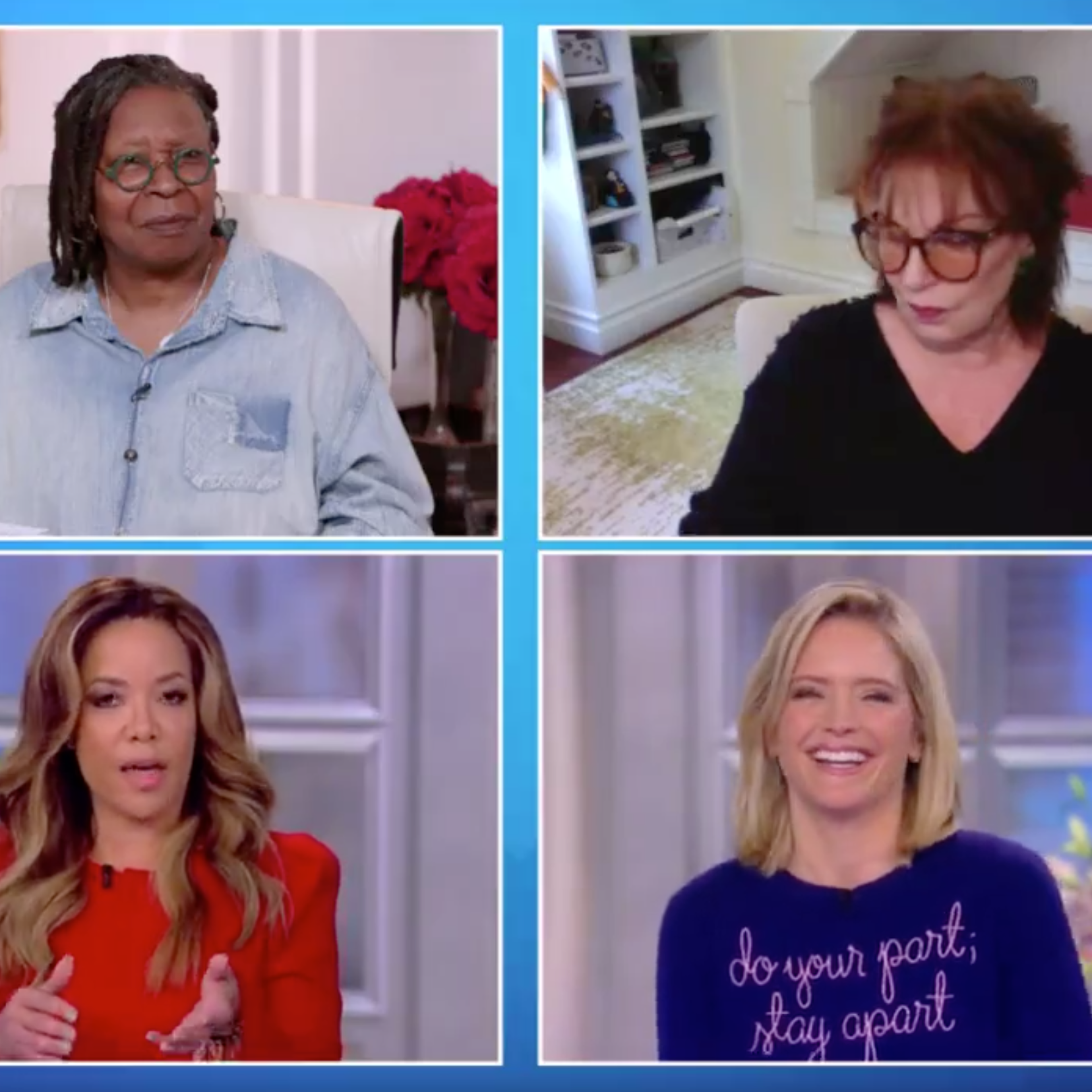 Clockwise from top left: Whoopi Goldberg, Joy Behar, Sarah Haines and Sunny Hostin on ABC's 'The View,' March 23, 2020