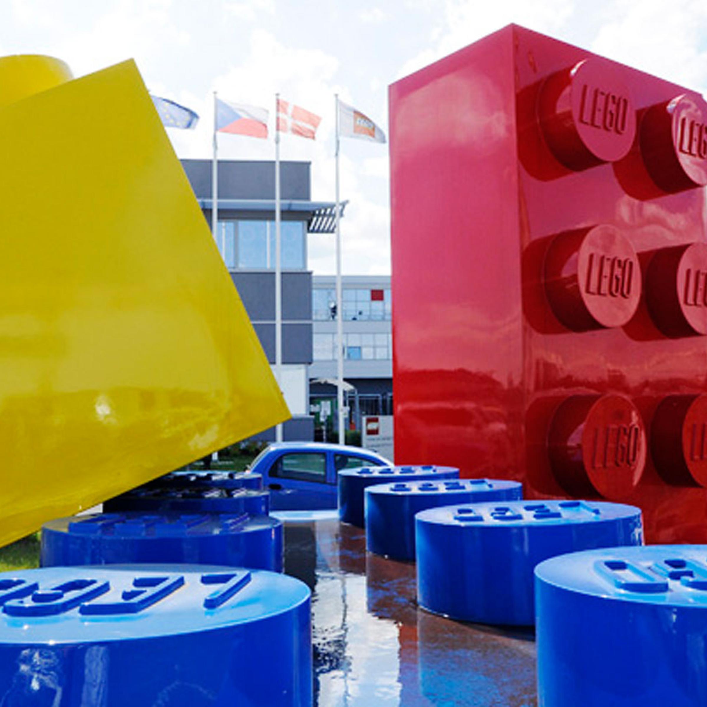 Giant Lego bricks stand on display outside the Lego A/S assembly plant in Kladno, Czech Republic