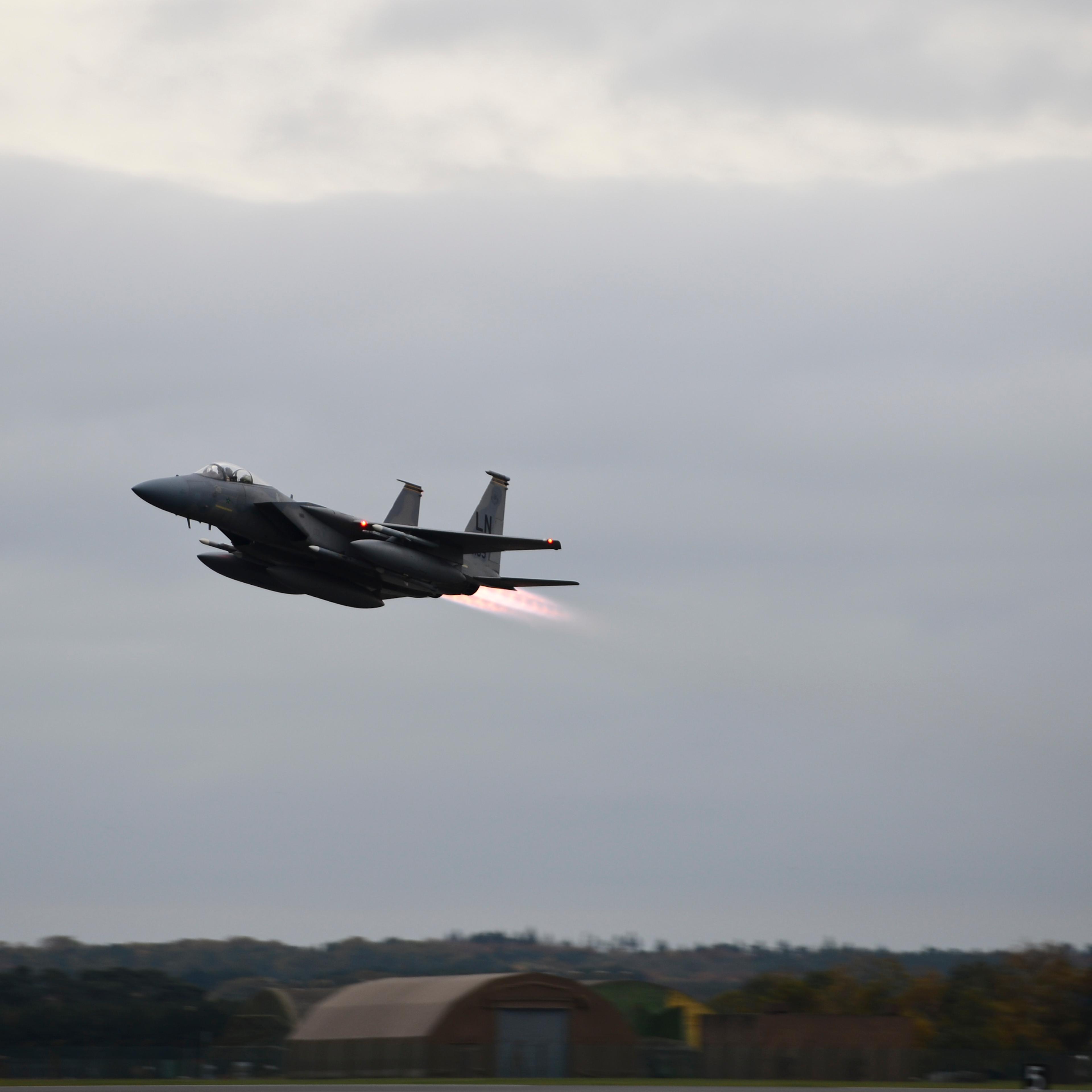 An F-15C leaves its English base for Turkey on Friday.