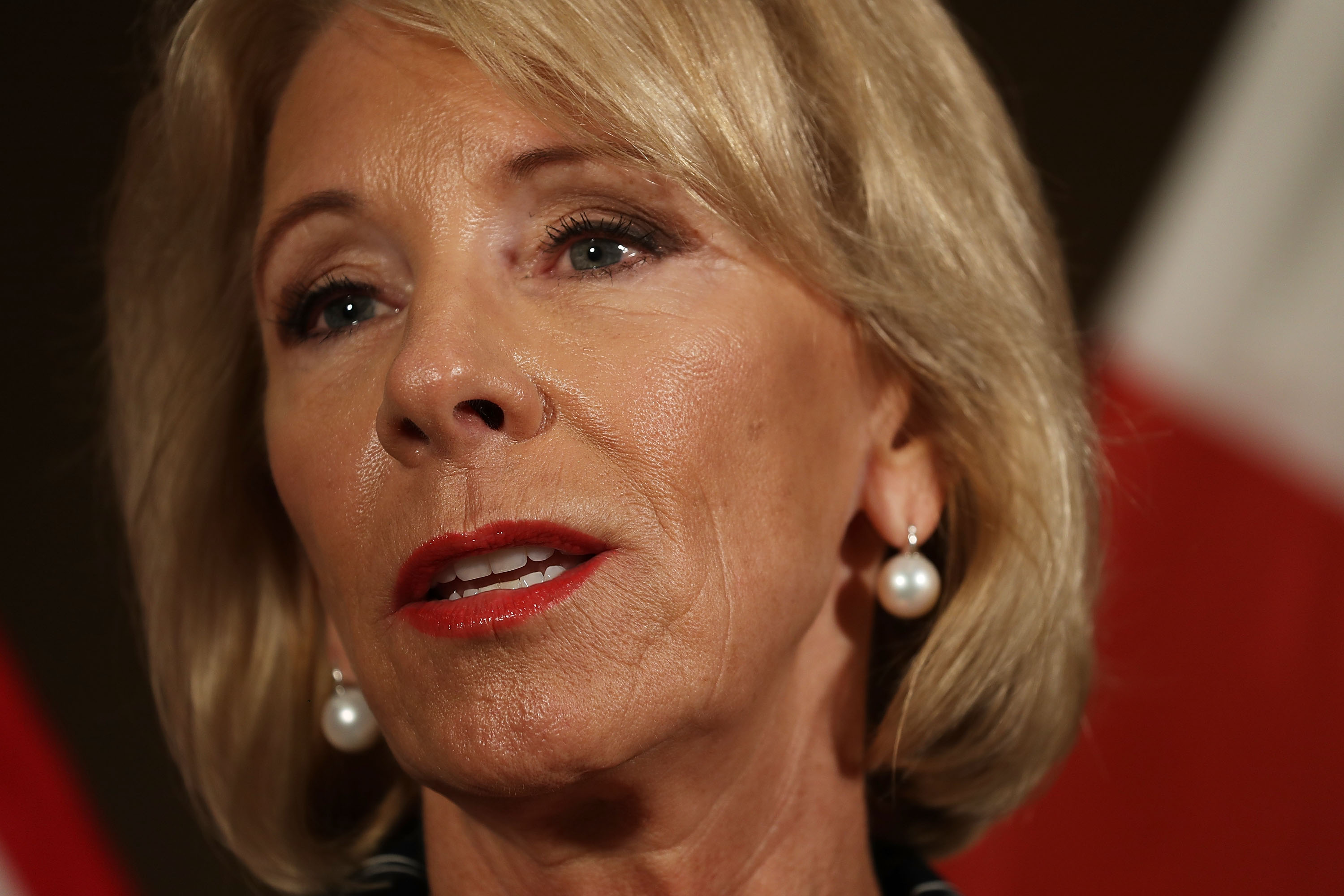 U.S. Education Secretary Betsy DeVos Speaks To Media After Visiting Students At Marjory Stoneman Douglas High School