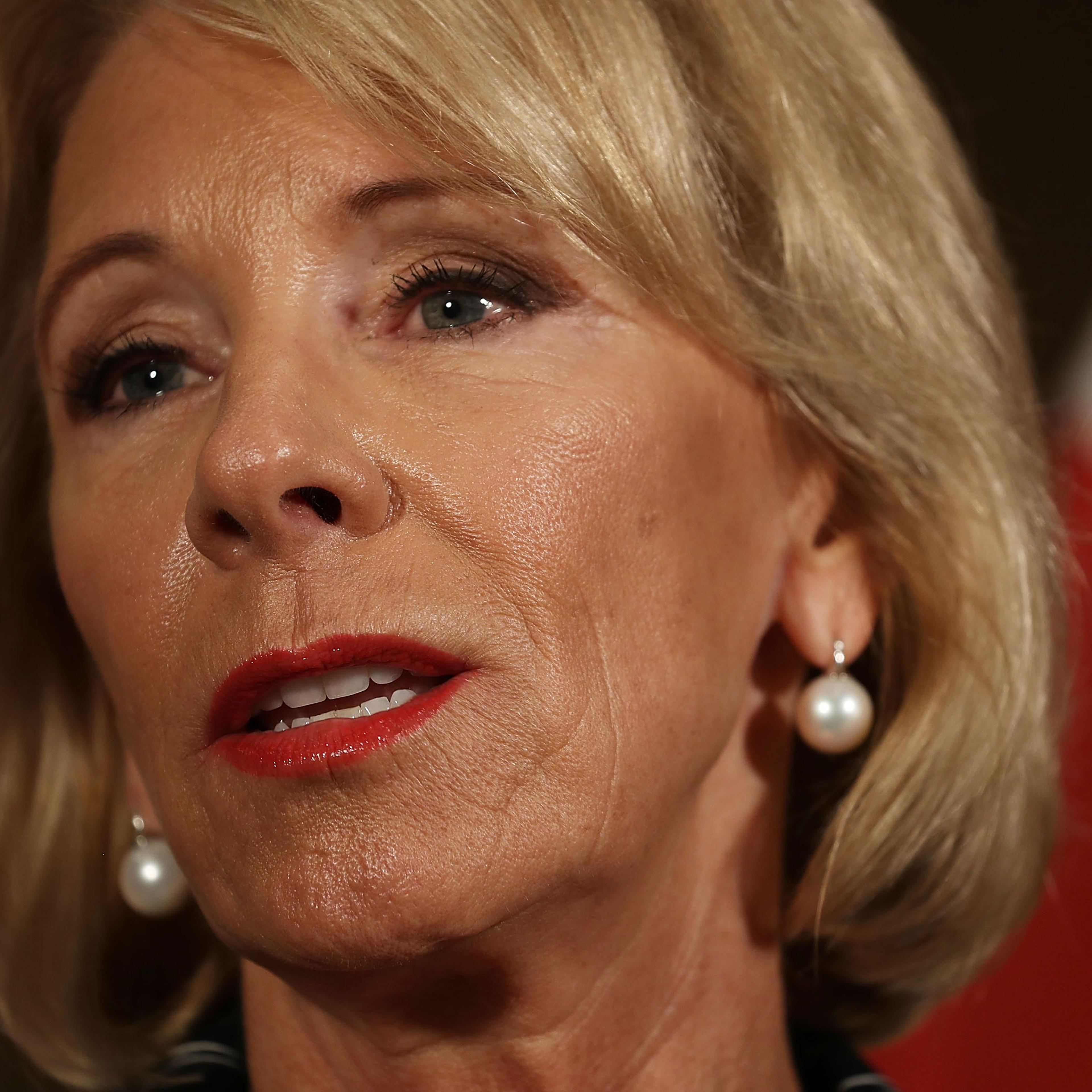 U.S. Education Secretary Betsy DeVos Speaks To Media After Visiting Students At Marjory Stoneman Douglas High School