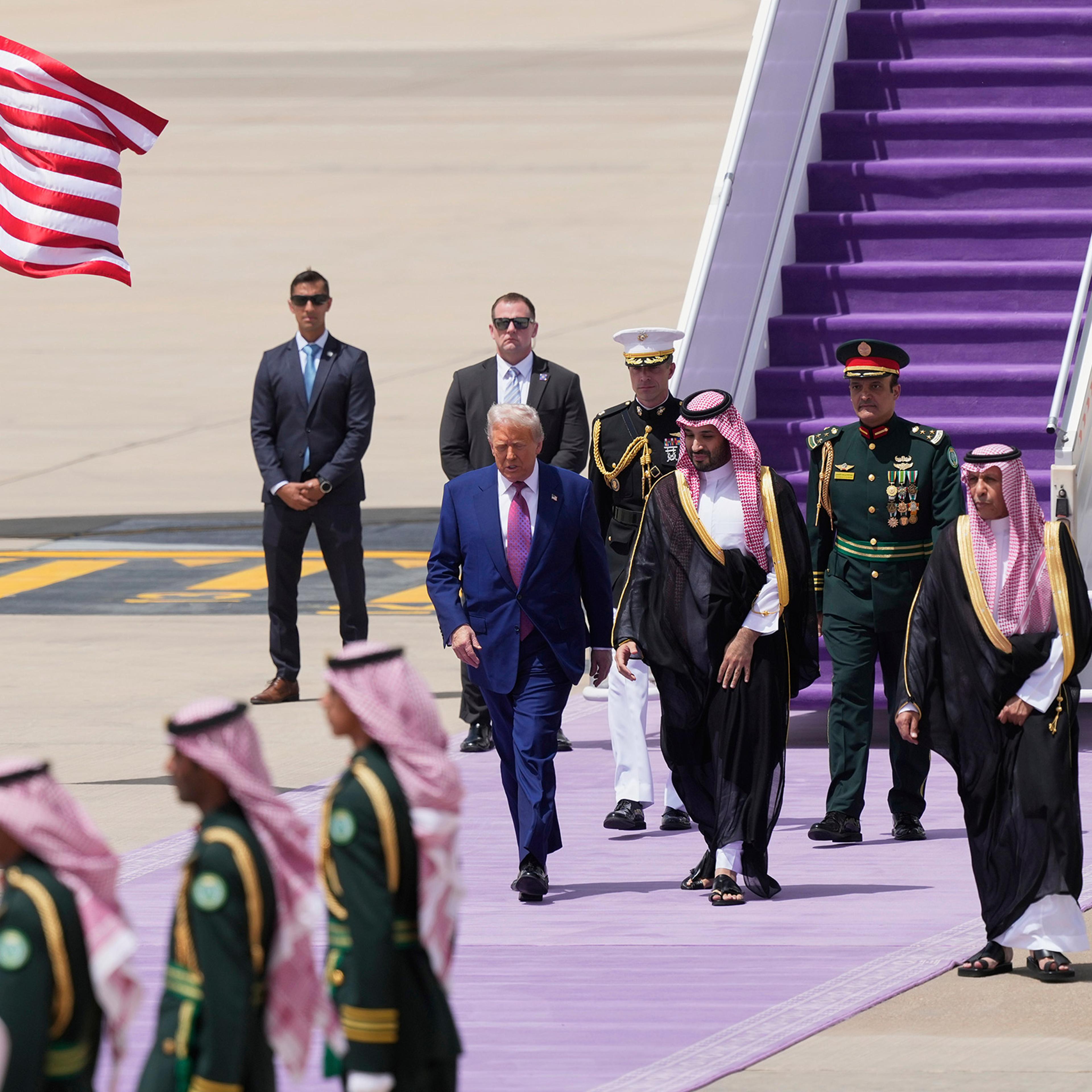 President Trump walks with Saudi Crown Prince Mohammed bin Salman during an arrival ceremony in Riyadh, Saudi Arabia, May 13, 2025.