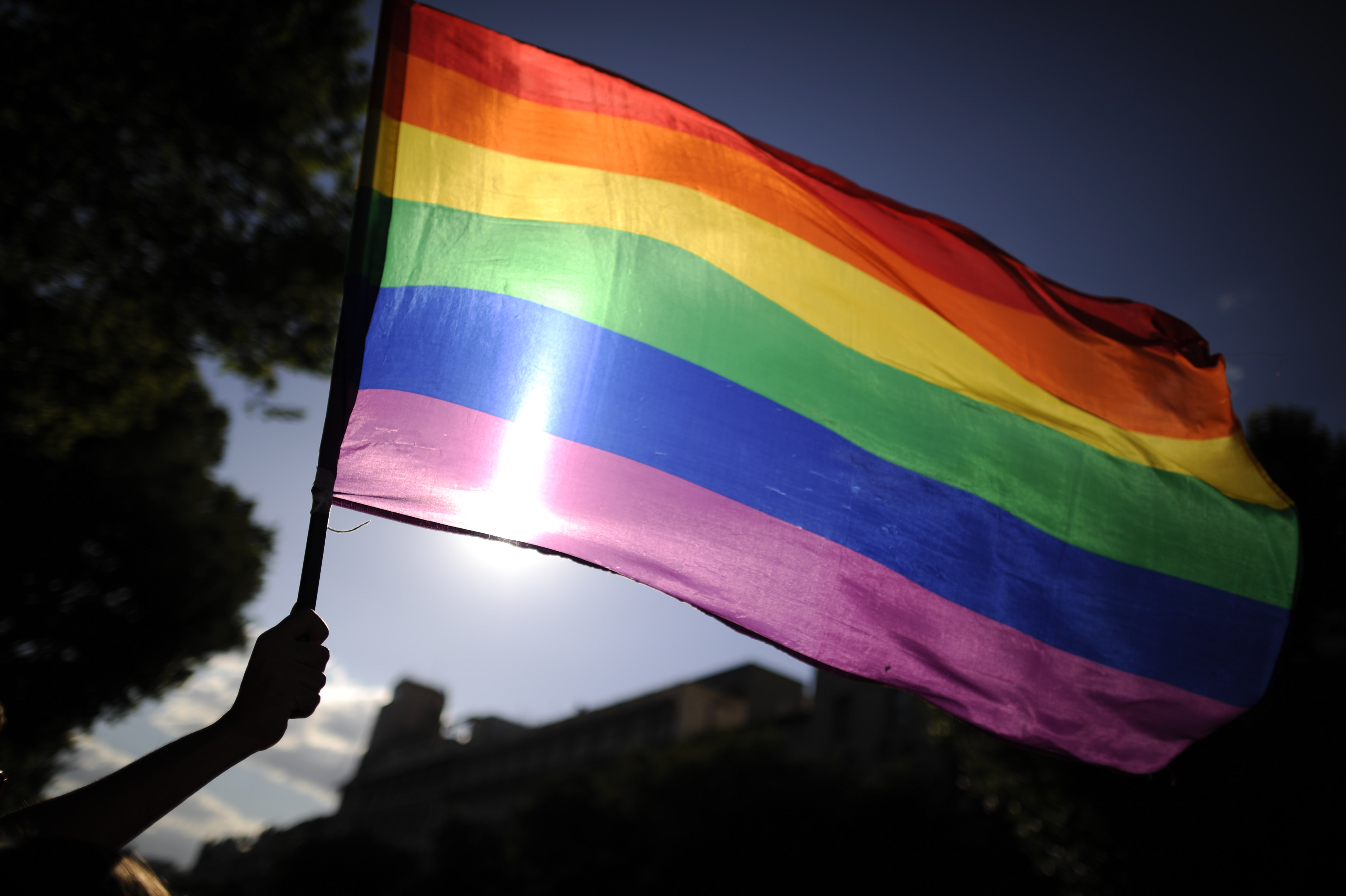 A participants holds a rainbow flag duri